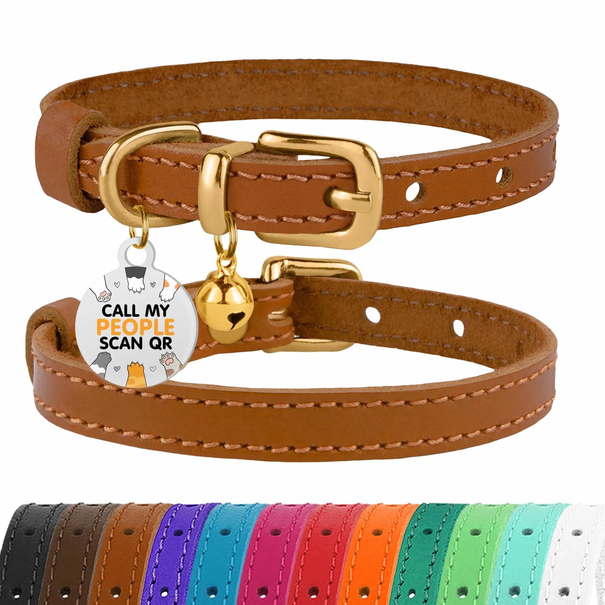 Collier pour Chat en Cuir avec Médaille QR-ID Amovible – BRONZEDOG, Non-Anti-Étranglement, Marron Clair & Or, 18-22 cm