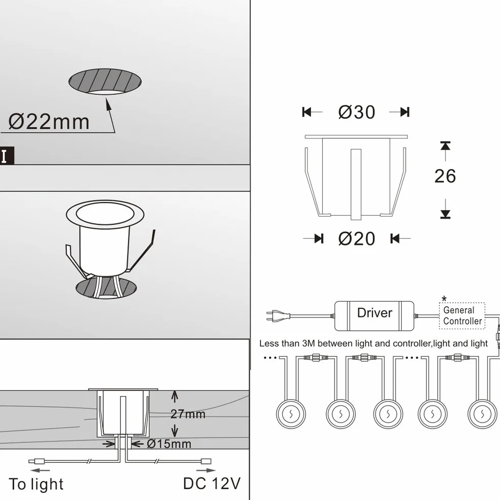 Encastrable LED Spot Exterieur 30mm IP67 DC 12V 0.6W Blanc Chaud 10 Pièces
