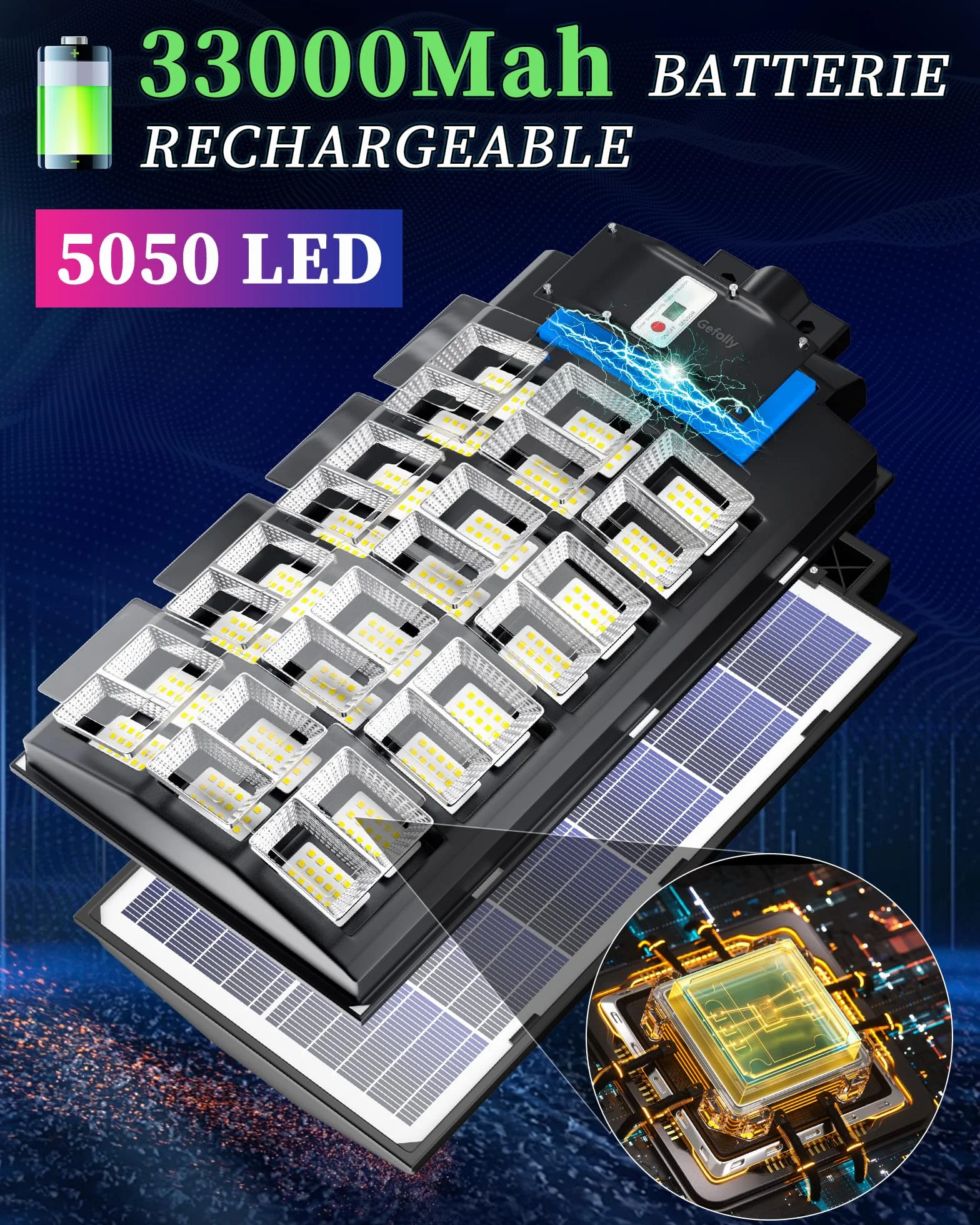 Gefolly SL-1600W Solaire Exterieur Lampadaire 216000LM 6500K IP67 Projecteur Solaire Exterieur