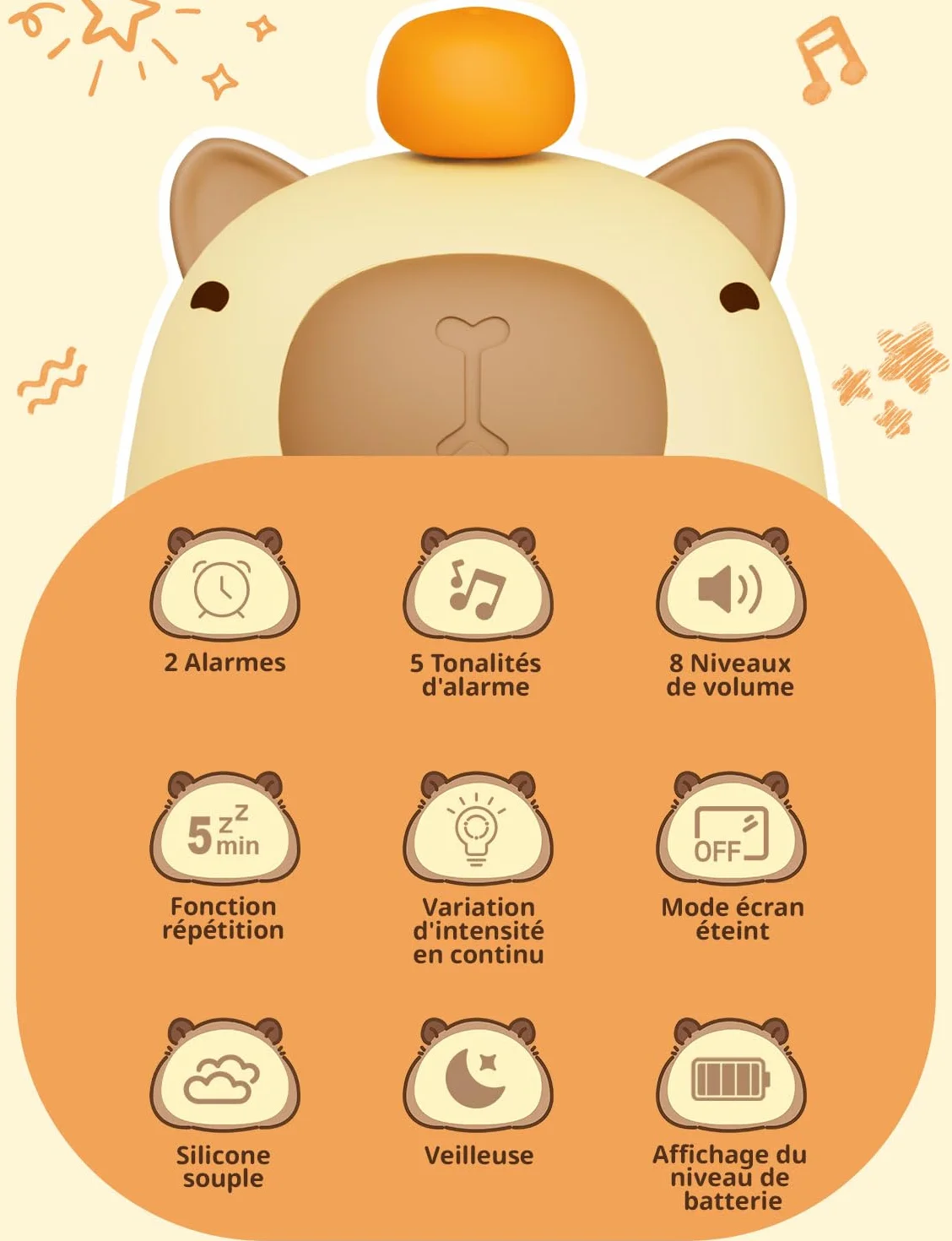 YISSVIC Réveil Enfants Capybara Veilleuse Silicone 2 Alarmes Fonction Répétition Affichage 12/24h Horloge Chevet