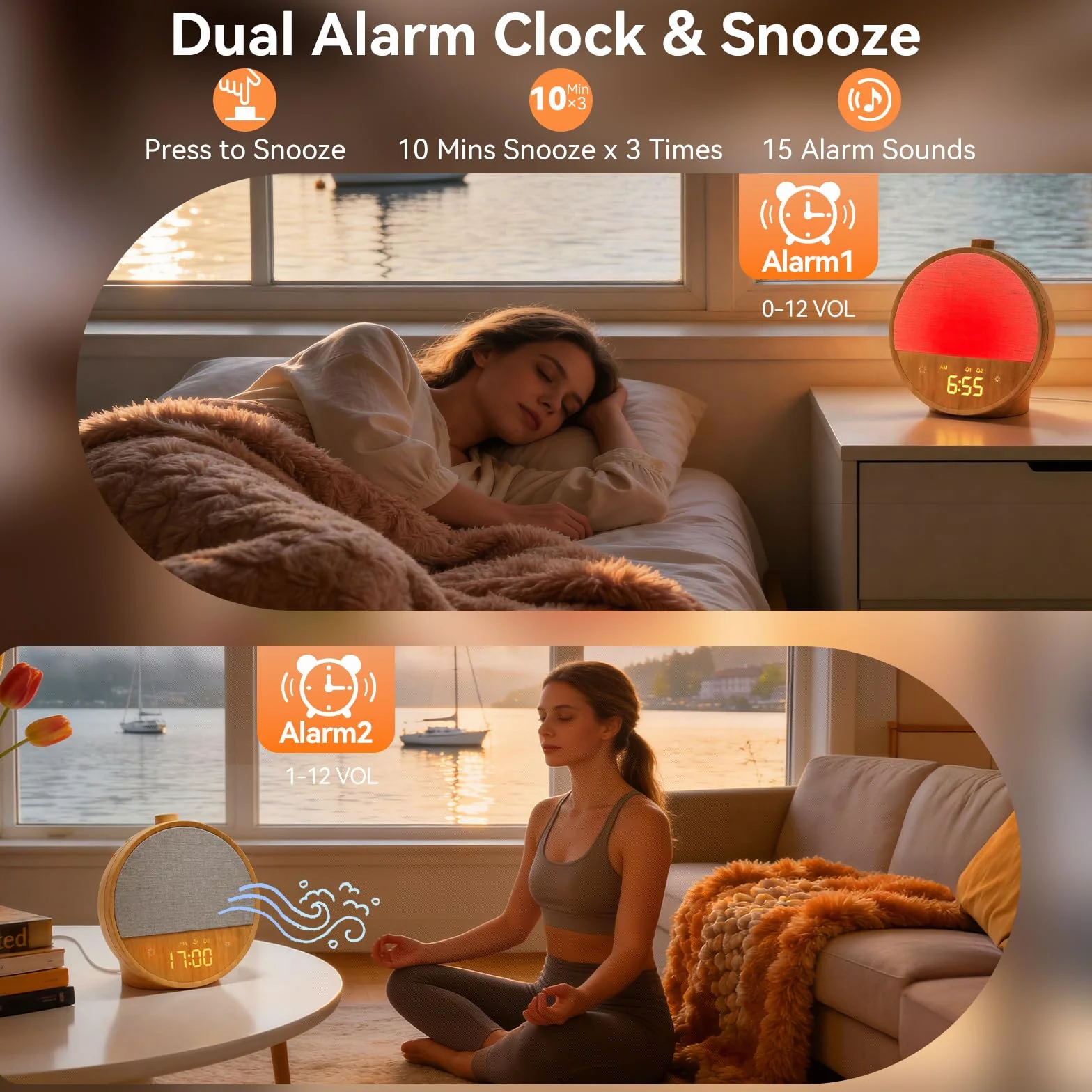 Réveil à lumière du jour blonbar, réveil avec lumière au lever du soleil, lampe de nuit 10 sons naturels et blancs, veilleuse RVB