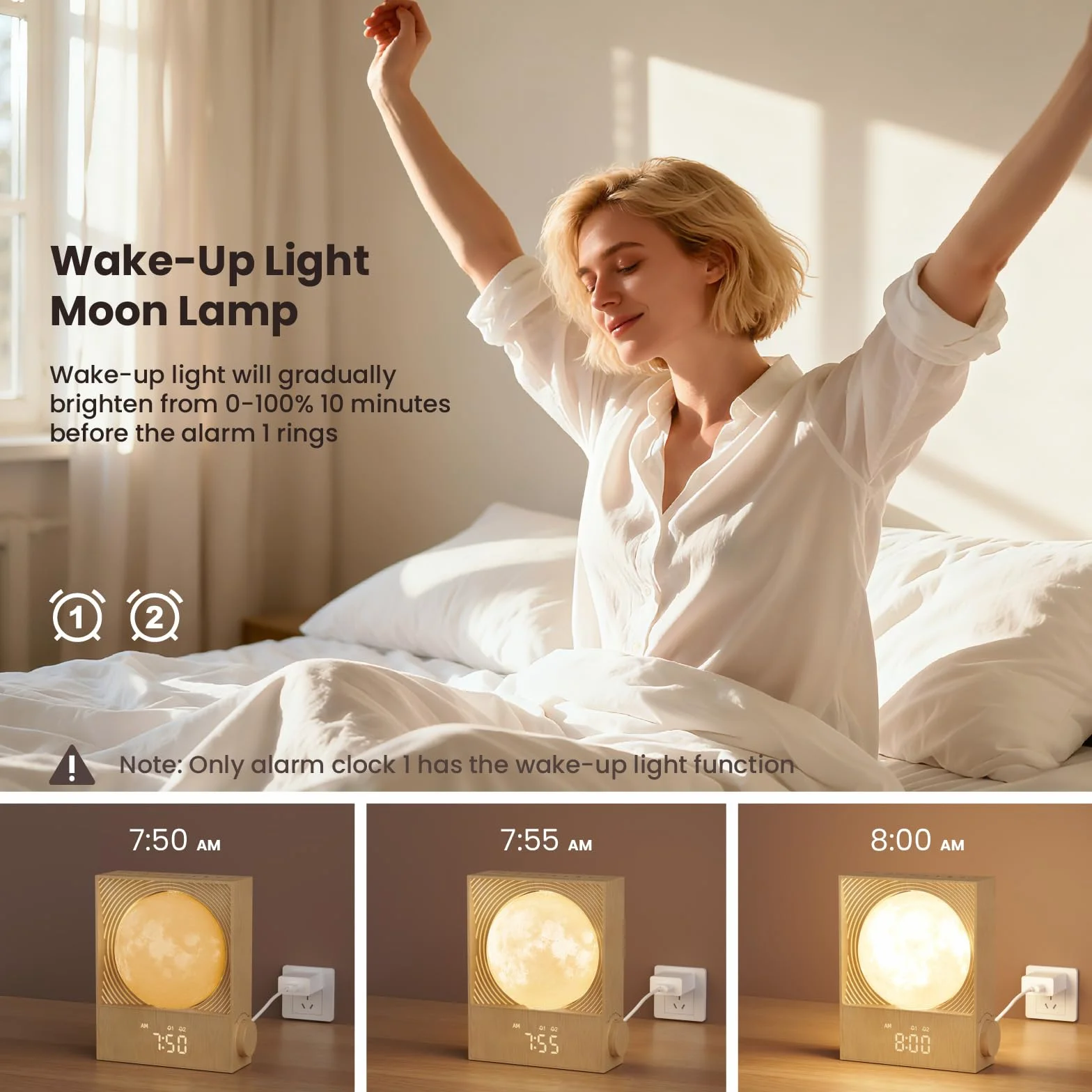 RETEYUNG Réveil Simulateur d'Aube avec Lampe Lunaire Rotative 15 Sonneries Veilleuse 8 Couleurs 3 Luminosités 10 Sons Naturels