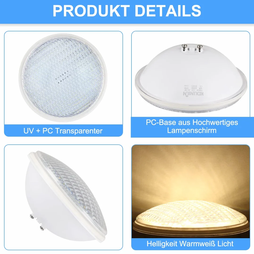 Projecteur de piscine LED PAR56 40W 12V AC/DC IP68 Éclairage submersible blanc chaud