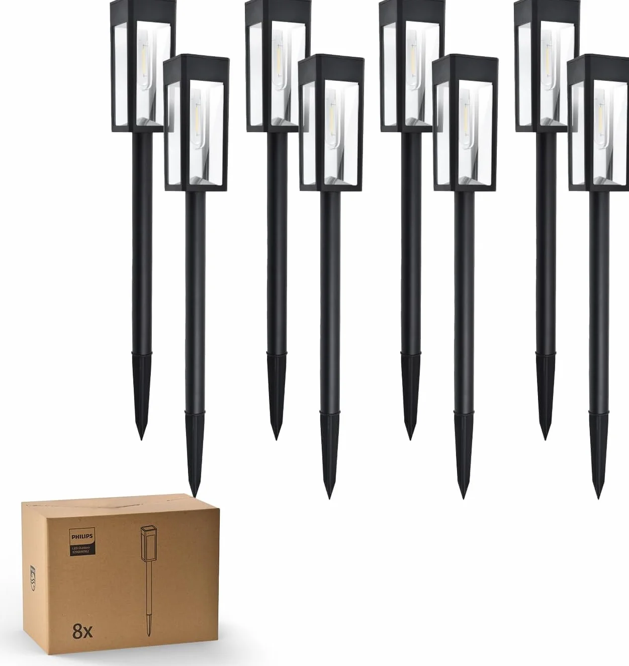 Philips Lot de 8 Lampes Solaires LED pour Allées Jardin, Verre Métal, 3000K Blanc Chaud, Étanche