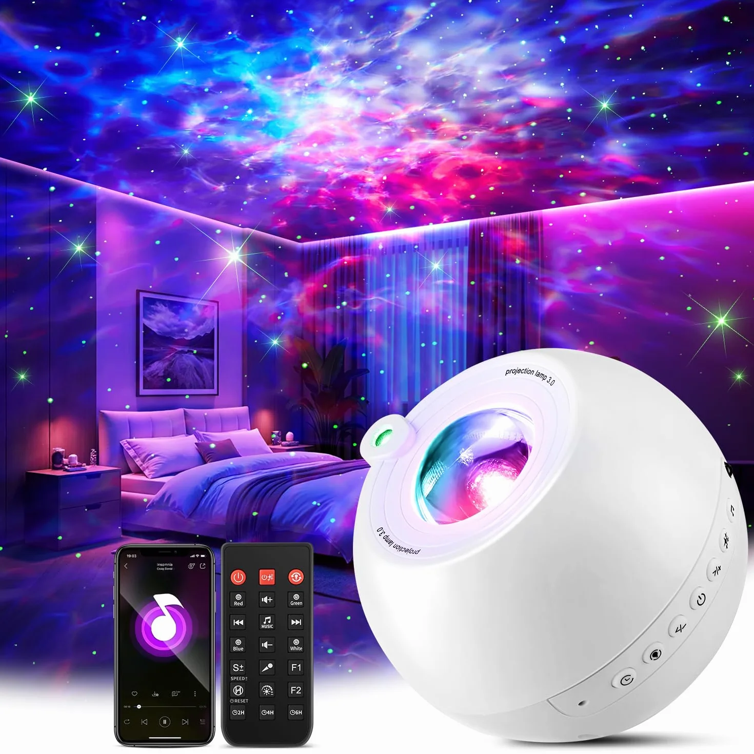 Projecteur Ciel Etoile Veilleuse Enfant 15 Couleurs LED Bluetooth Bruit Blanc Lumière Décoration Chambre