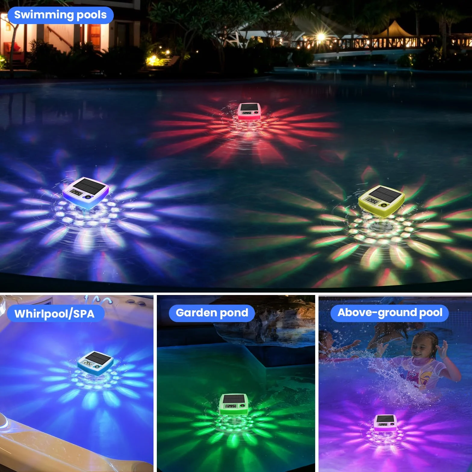 Thermomètre Piscine Flottant Solaire IP68 avec 8 Effets Lumineux