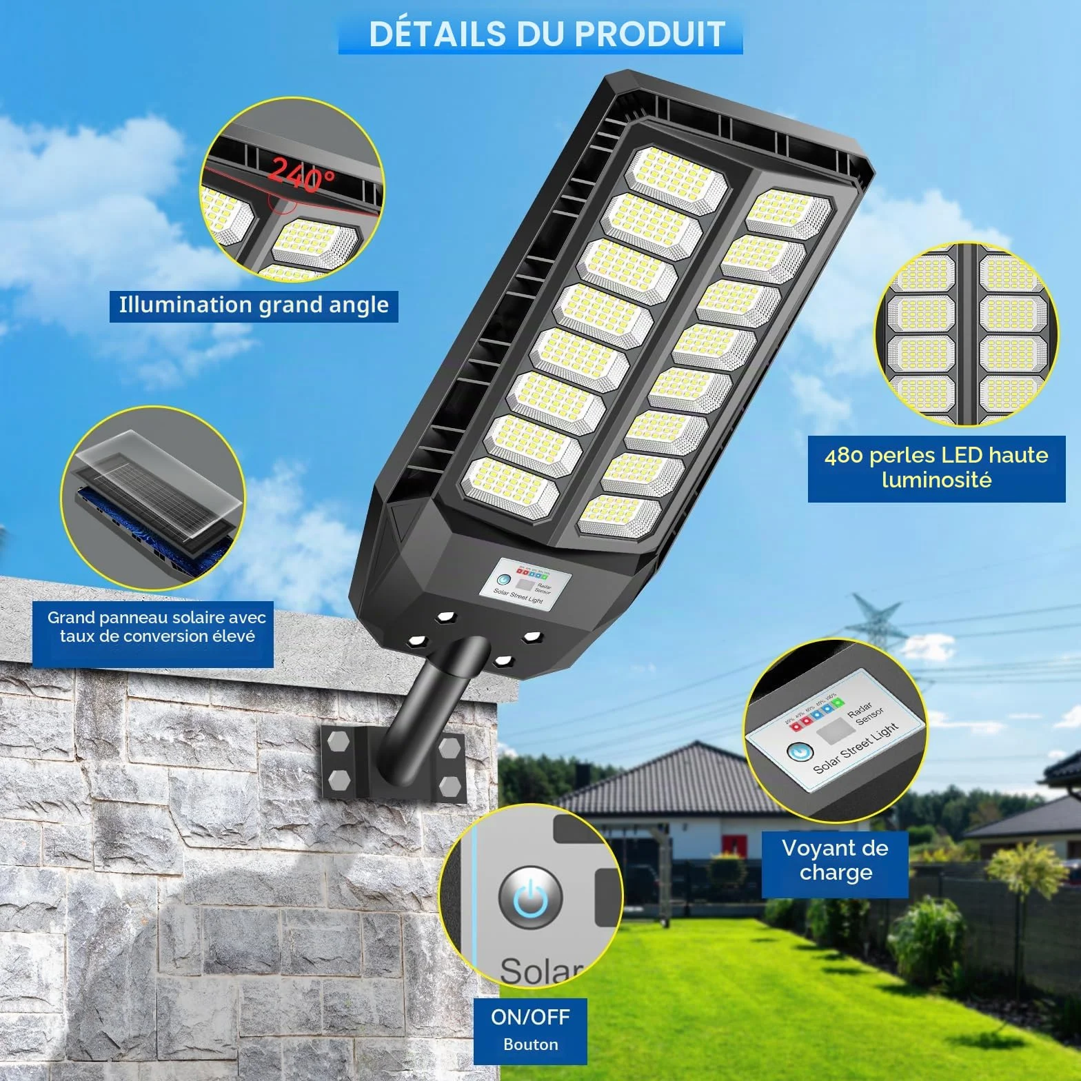 Adewalk 800W lampadaire solaire extérieure IP66 avec télécommande et capteur de mouvement 6500K LED