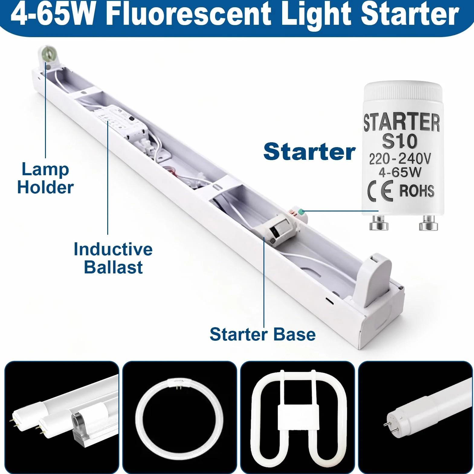 Starter Néon 4-65W 220-240V Tube Fluorescent Remplacement pour Lampes Fluorescentes