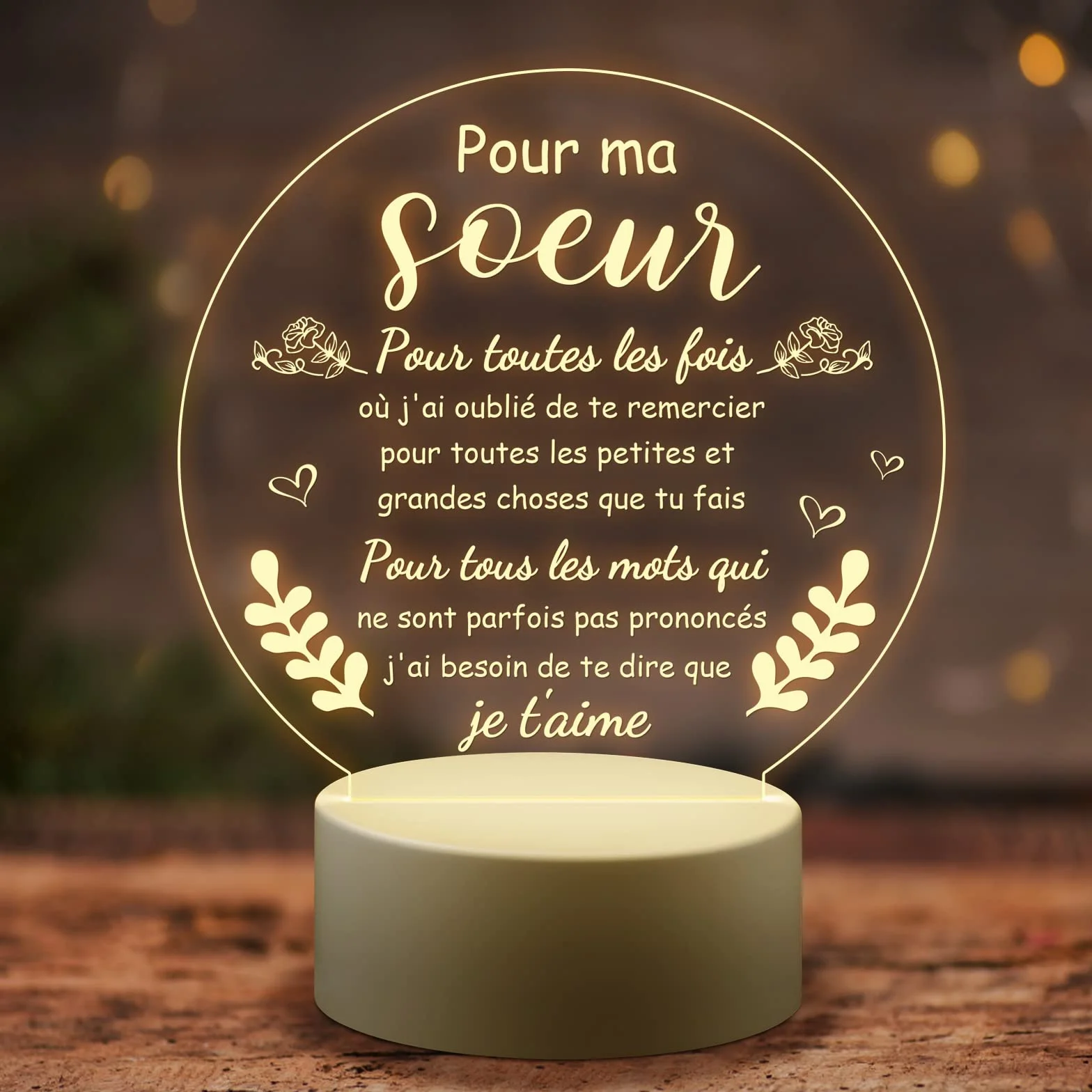 Welsky Veilleuse LED Cadeau pour Soeur Anniversaire Mariage Noel Fete des Meres Acrylique Decoration