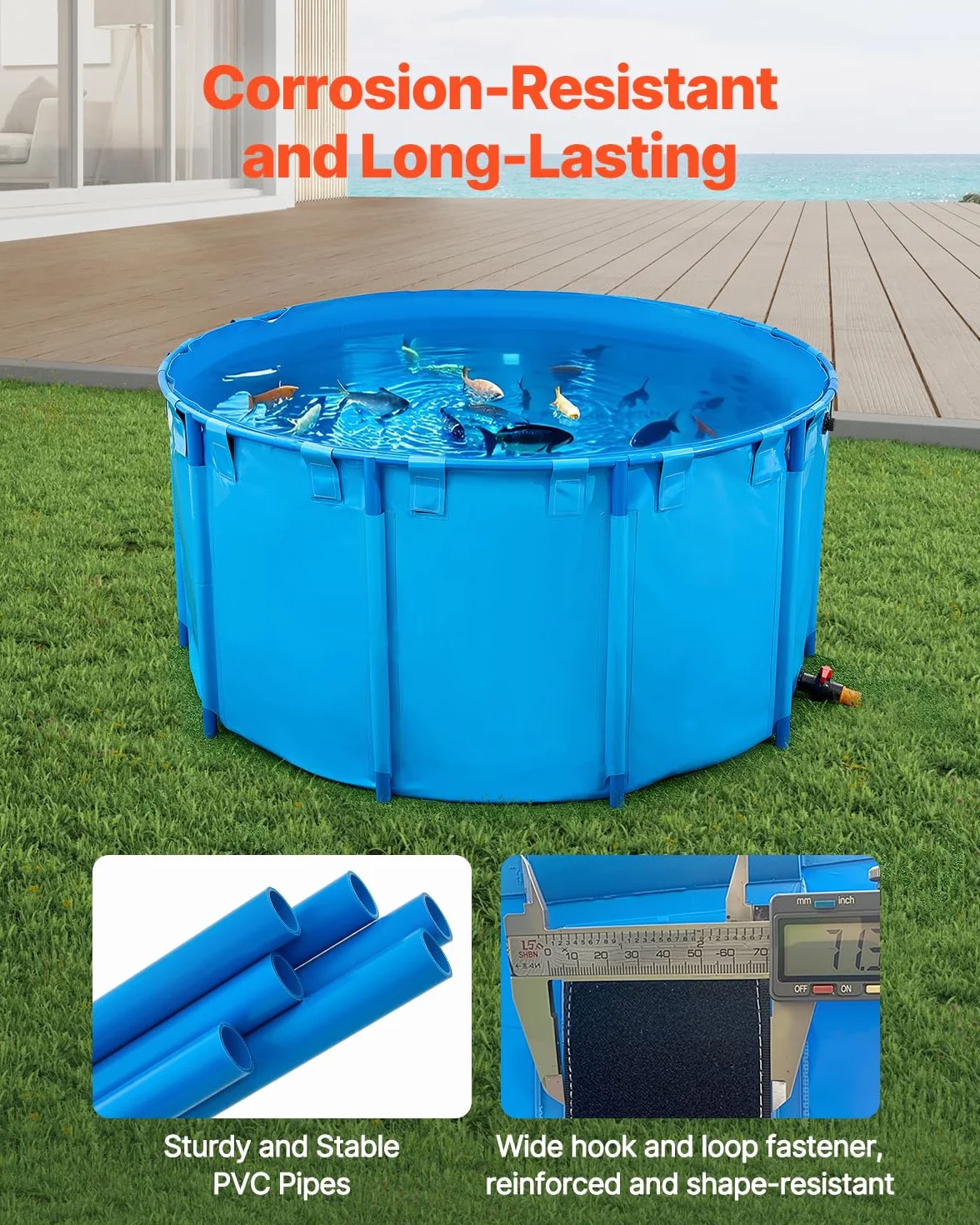VEVOR Bassin à Poissons Hors Sol 3100 L, Étang en Toile PVC avec Cadre Plastique et Vanne de Vidange, Bleu