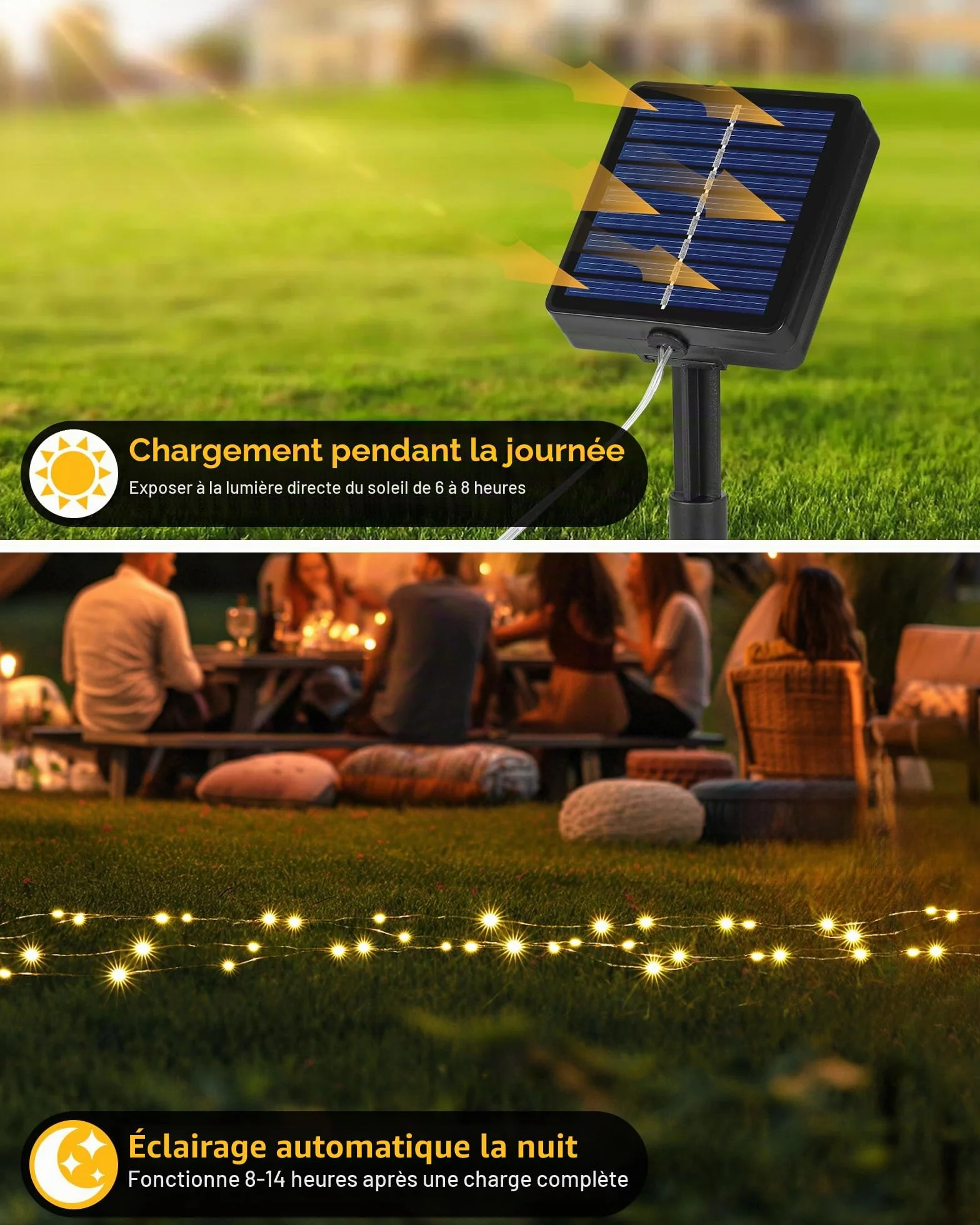 Guirlande Solaire Extérieur 20M 200LED IP65 8 Modes Minuteur Mémoire Fil de Cuivre Blanc Chaud