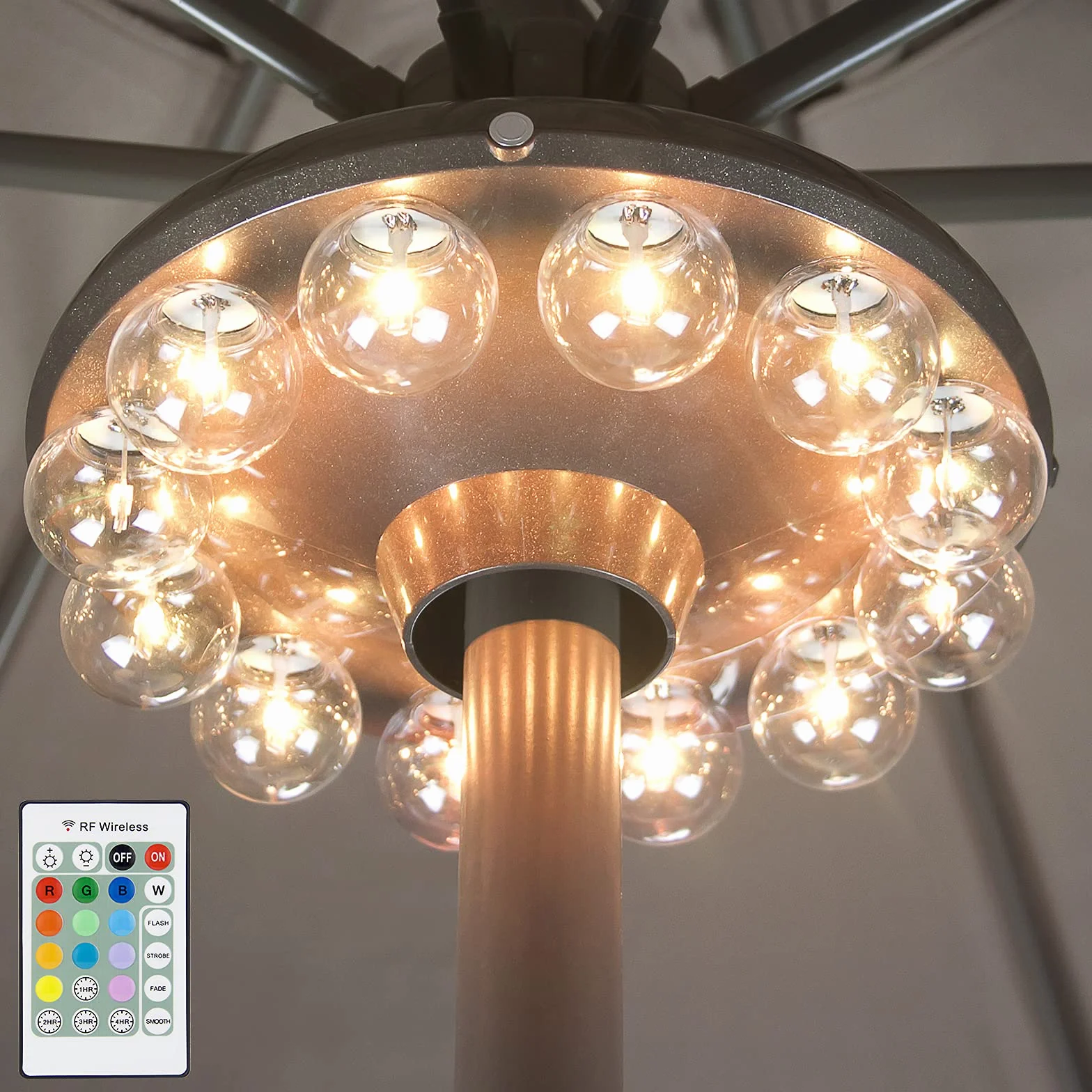 Lampes pour parasol avec ampoule transparente, Lumière de patio à piles avec télécommande RF, 12 couleurs changeantes