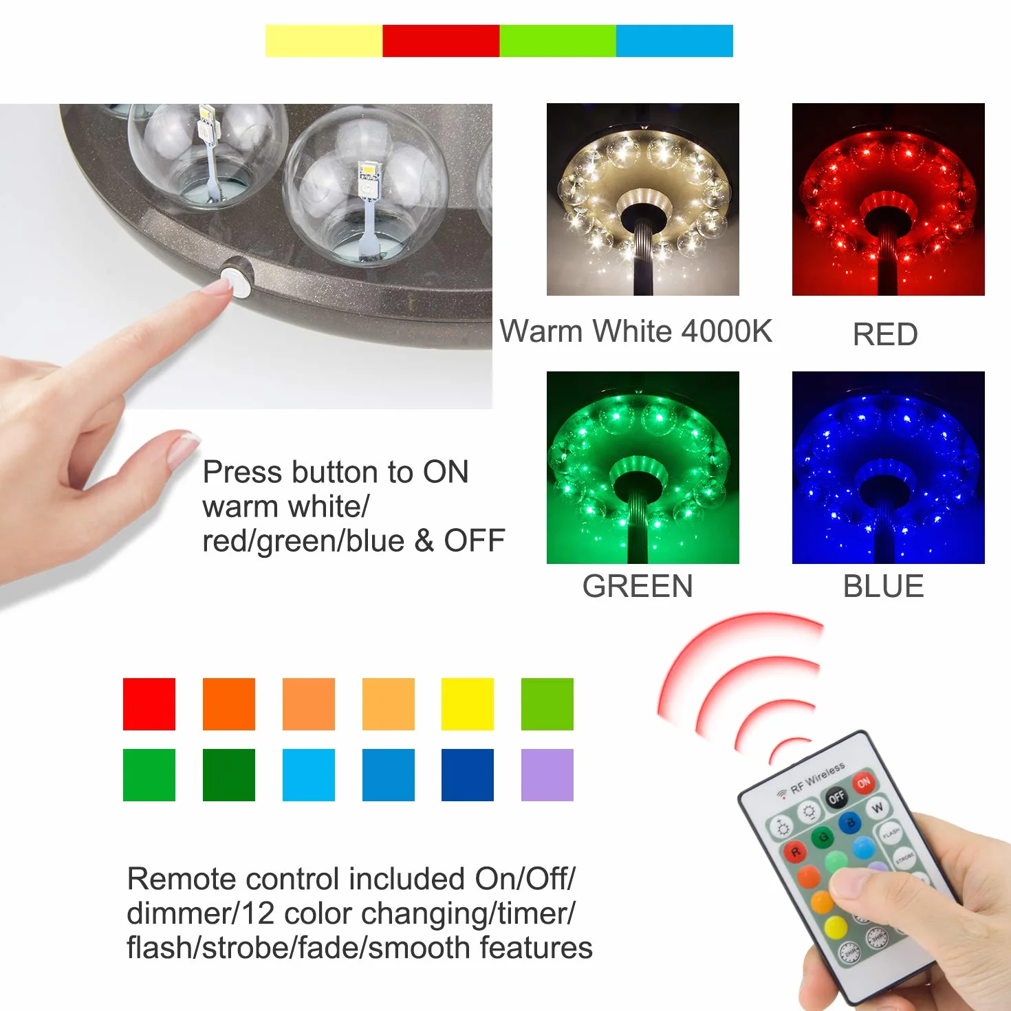 Lampes pour parasol avec ampoule transparente, Lumière de patio à piles avec télécommande RF, 12 couleurs changeantes