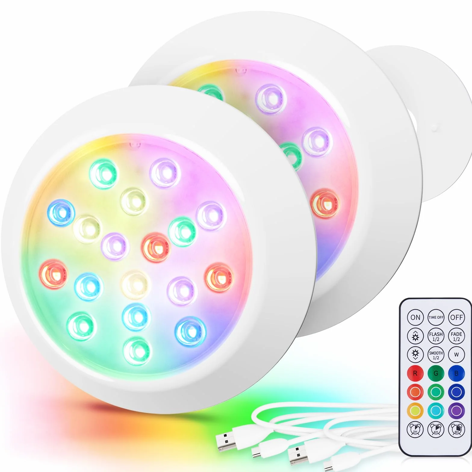 Eclairage LED Submersible Piscine Hors Sol 15cm RGBW IP68 Étanche avec Télécommande USB-C Rechargeable 18 LEDs 2 Pack
