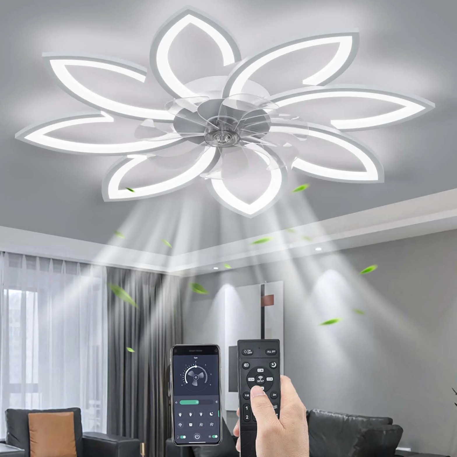 YUNZI Ventilateur de Plafond avec Lumière LED Dimmable Télécommande 6 Vitesses Blanc 90CM