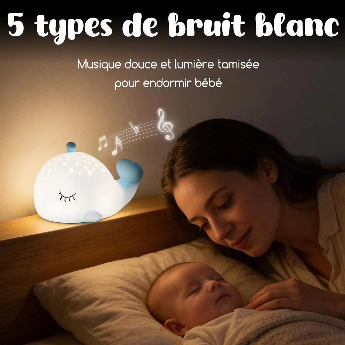 Veilleuse Bébé Bruit Blanc Rechargeable Silicone Baleine Lampe Chevet RGB 6 Couleurs 5 Sons Naturels