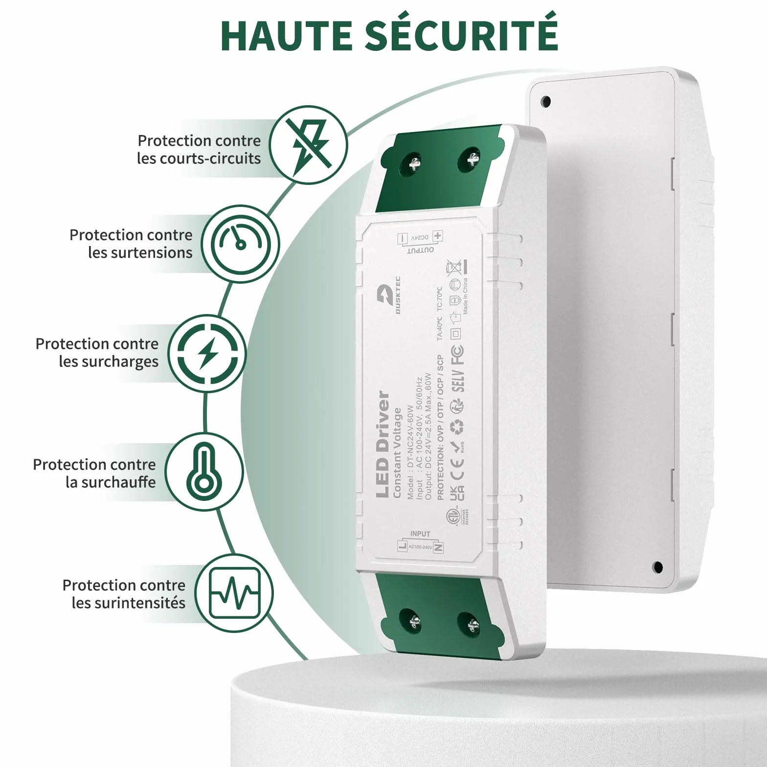 DUSKTEC Transformateur LED 24V 60W Driver 2.5A 220V AC DC Alimentation Tension Constante pour CCTV GU5.3 G4