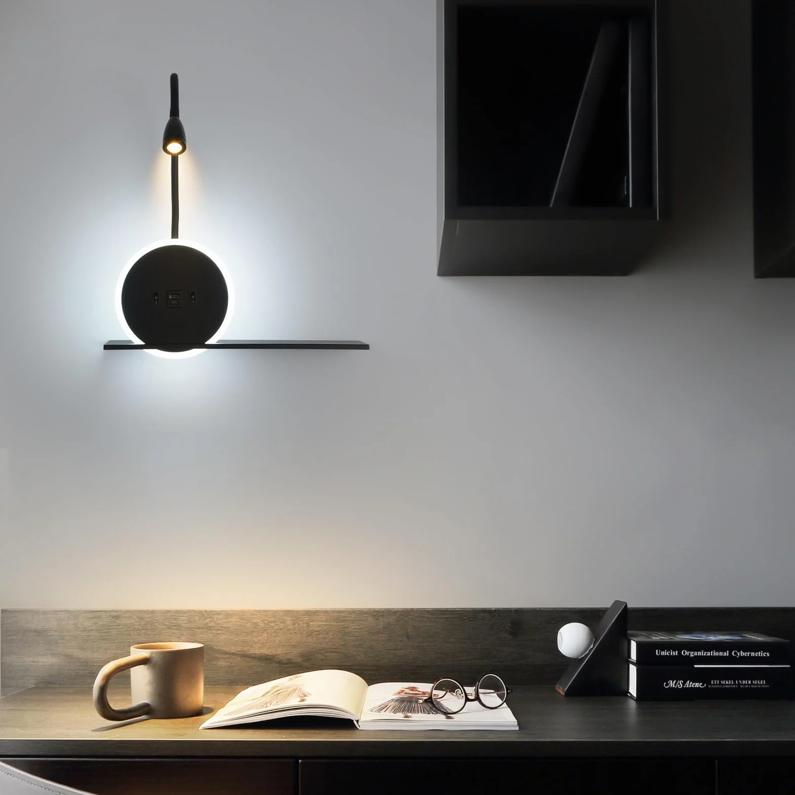 Lampe de chevet LED 2 pièces avec interrupteur, port USB-C, 3W 3000K + 9W 6000K, applique tête de lit noir