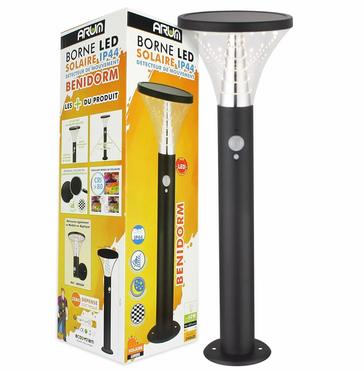 Arum LIGHTING Borne Solaire Extérieure BENIDORM 600 Lm IP44 Acier Inoxydable Noir Blanc Chaud H50cm