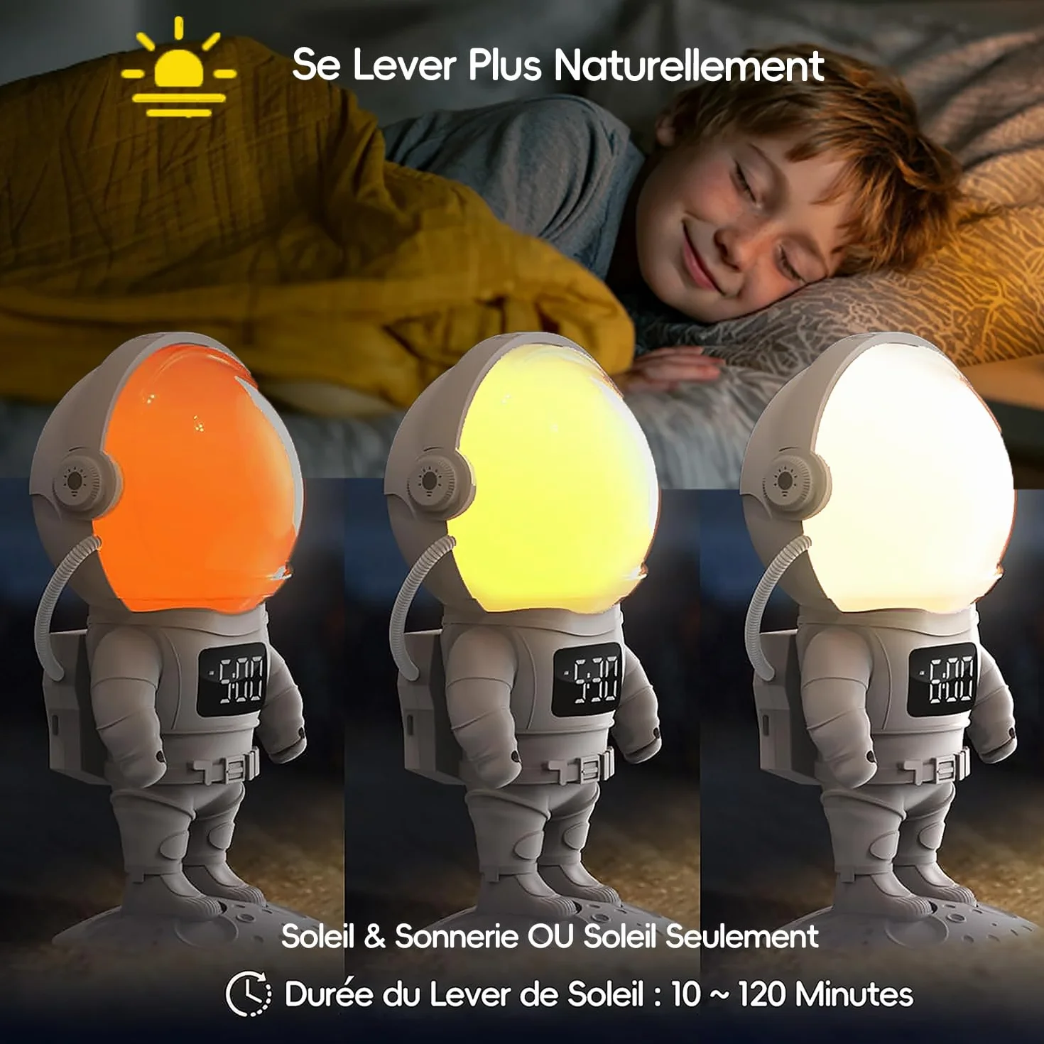 Réveil simulateur d'aube Bluetooth 7 Sonneries 21 Sons de Sommeil 22 Couleurs lumière Astronaute Enfant