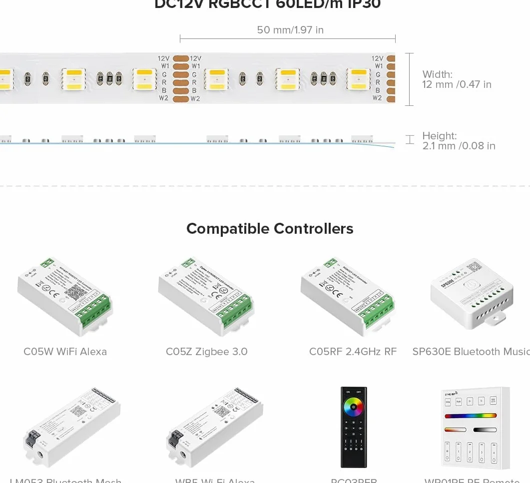 BTF-LIGHTING Ruban LED RGBCCT 5 en 1 5050SMD RGBWW 5M 60LED/m 300LEDs 2700K-6500K DC12V IP30
