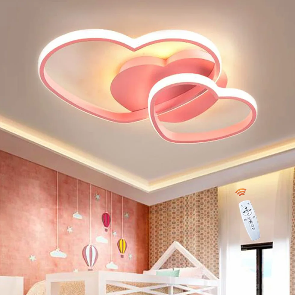 Plafonnier LED Dimmable Coeur Moderne 50cm Rose Avec Télécommande pour Chambre Enfant