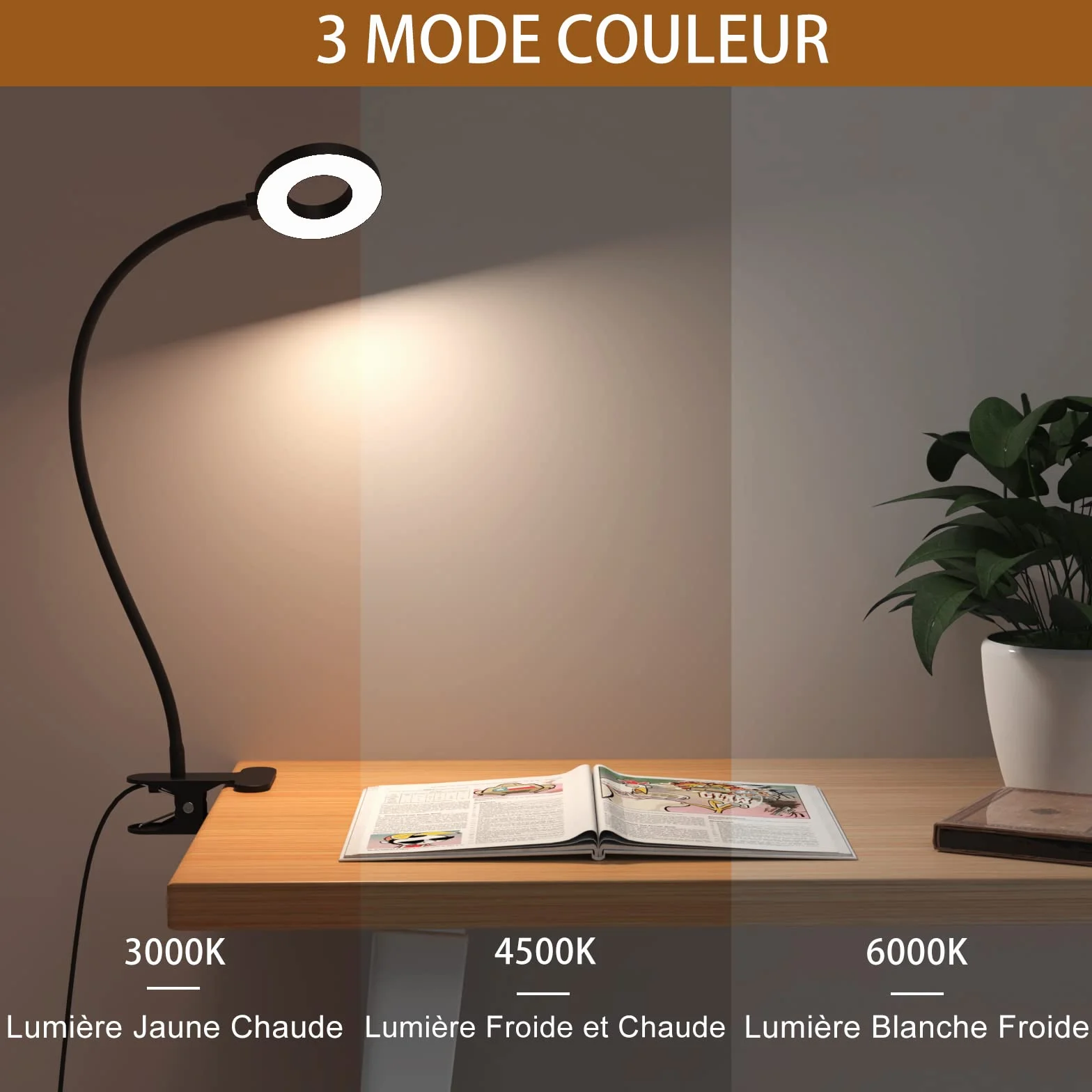 iZELL Lampe de Bureau à Pince LED 40CM, 3 Modes 10 Niveaux Luminosité, Flexible 360°, avec Adaptateur USB
