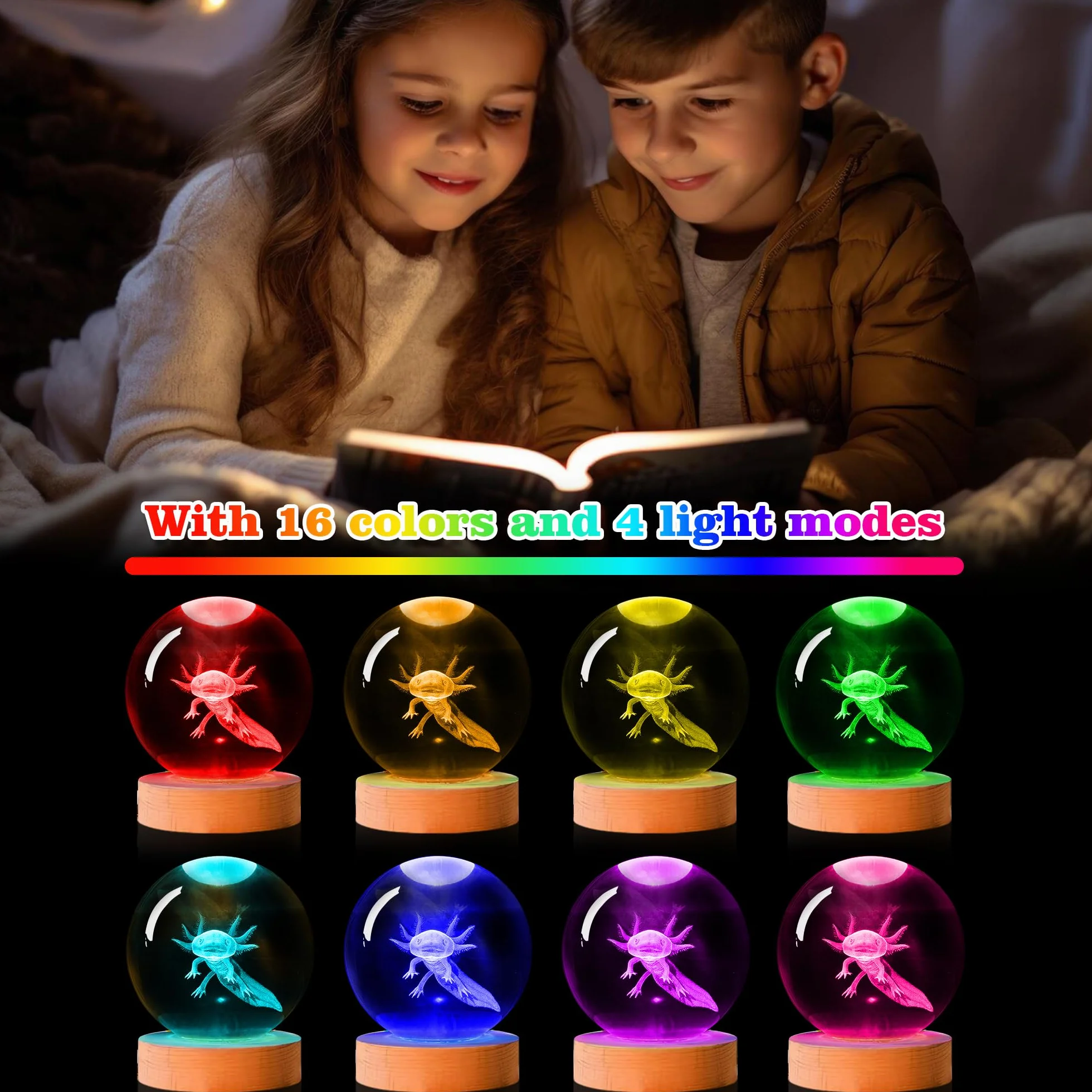OkiyiD Veilleuse 3D Boule de Cristal Axolotl avec Télécommande, Lampe en Verre, Cadeau pour Enfants