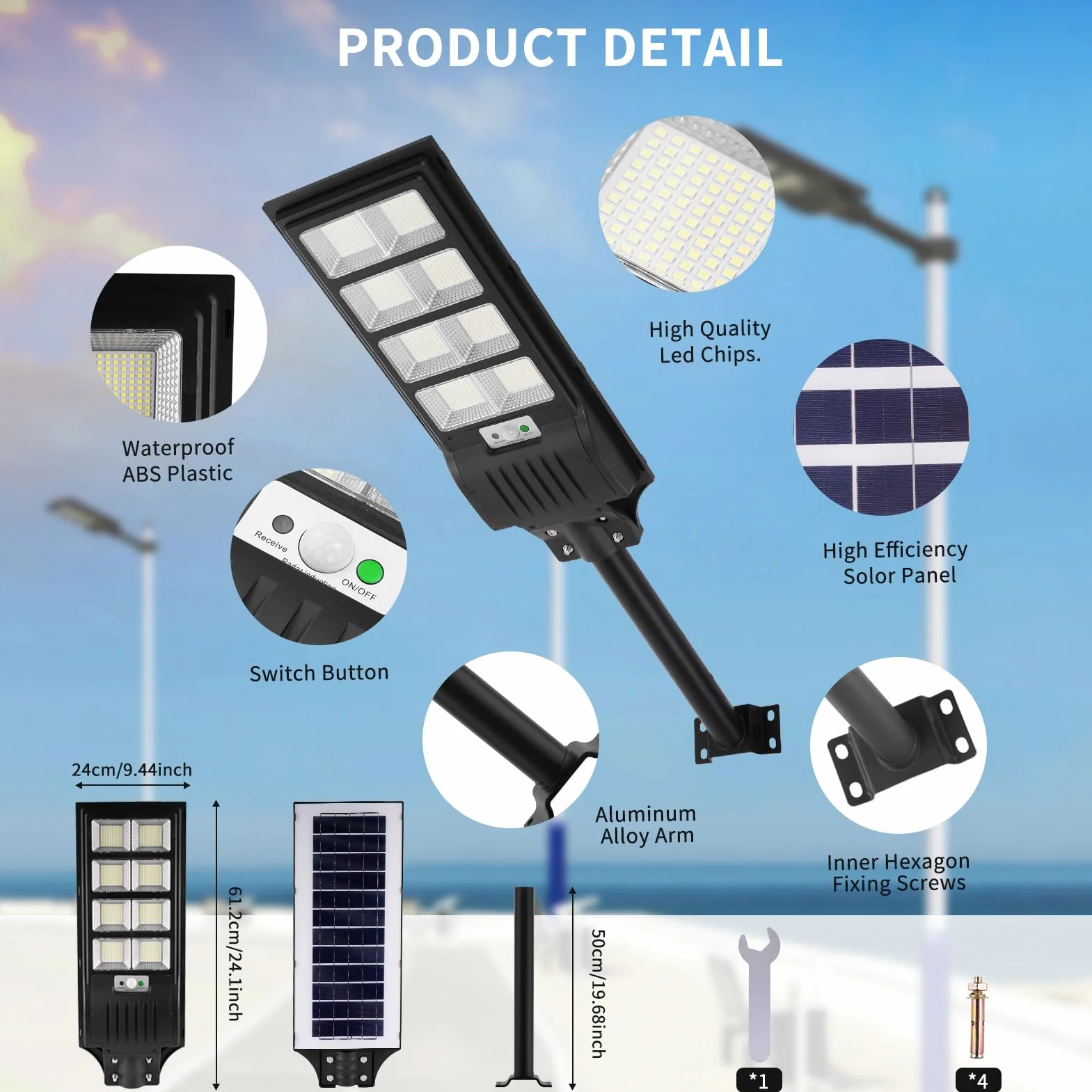 Lampadaire Solaire Extérieur 400W 6500K 720 LEDs IP65 Étanche Détecteur de Mouvement Avec Télécommande 2 Pack