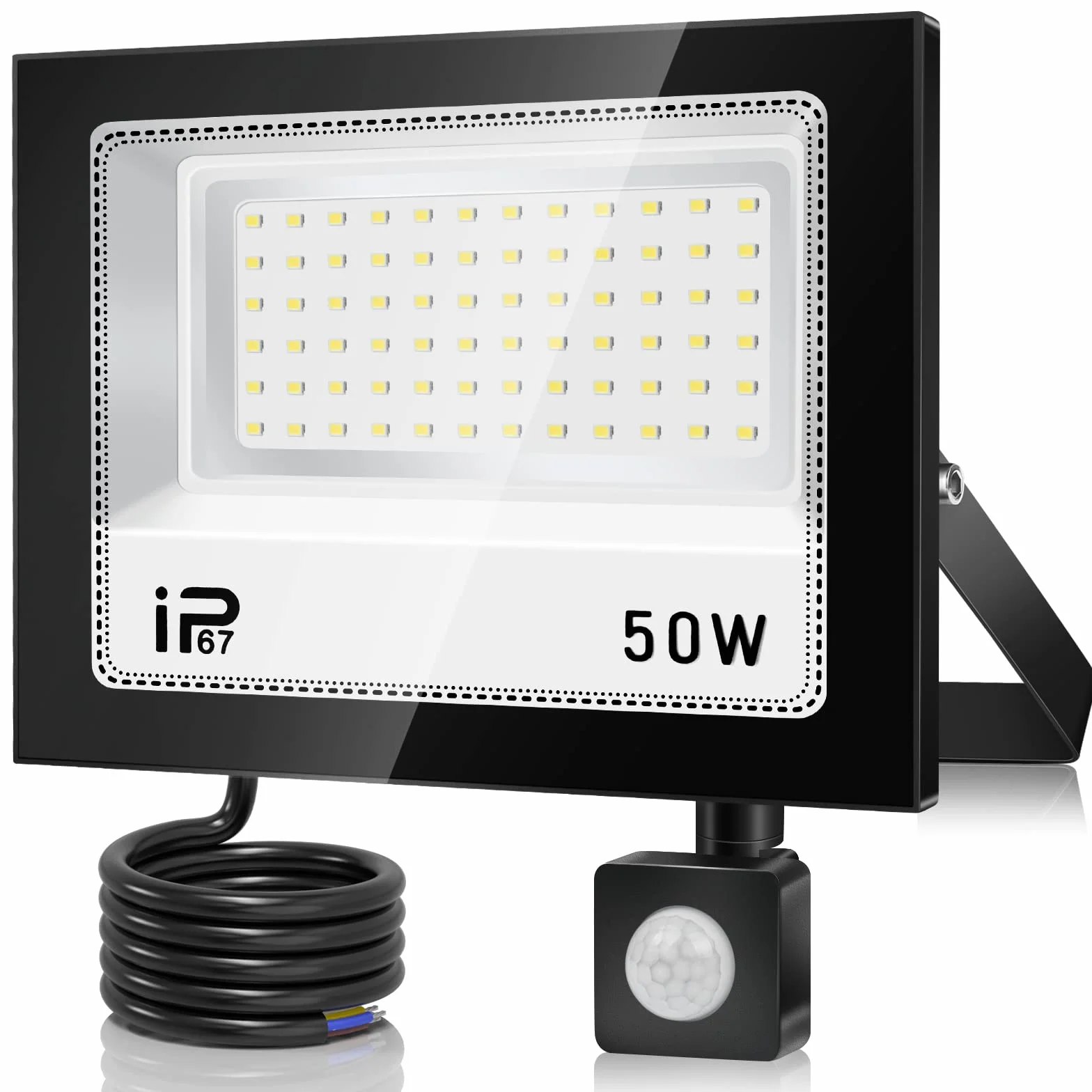 Projecteur LED Exterieur 50W 5000LM 7000K IP67 Etanche Detecteur de Mouvement 72 LEDs