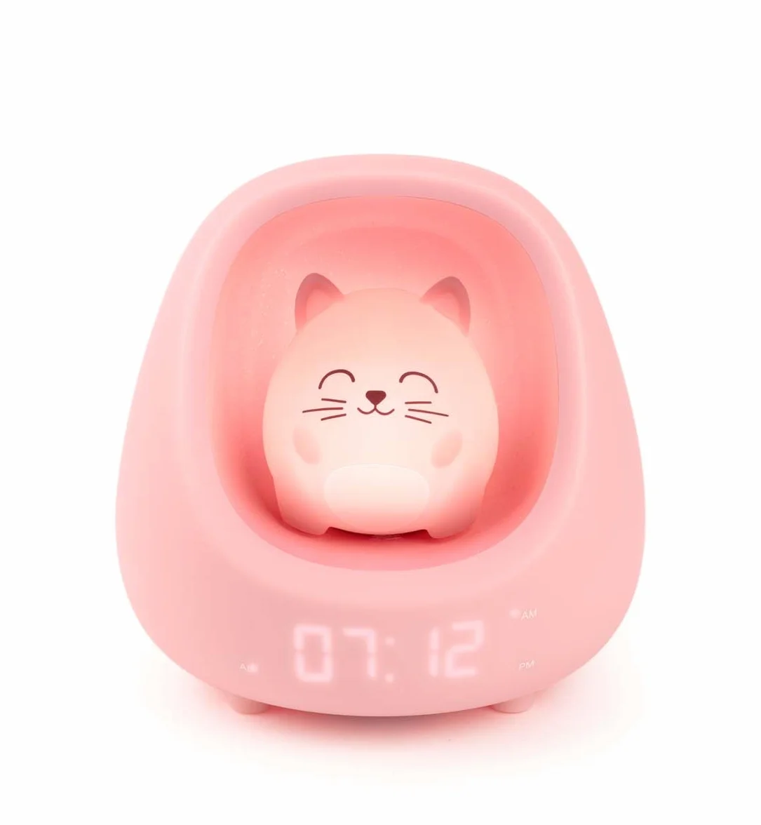 Nestkidscat Bigben Veilleuse Réveil Enfant Chat Lumineux Musical Sons Apaisants Bruits Blancs Lumière Réglable Toucher Minuterie Batterie Rechargeable USB-C