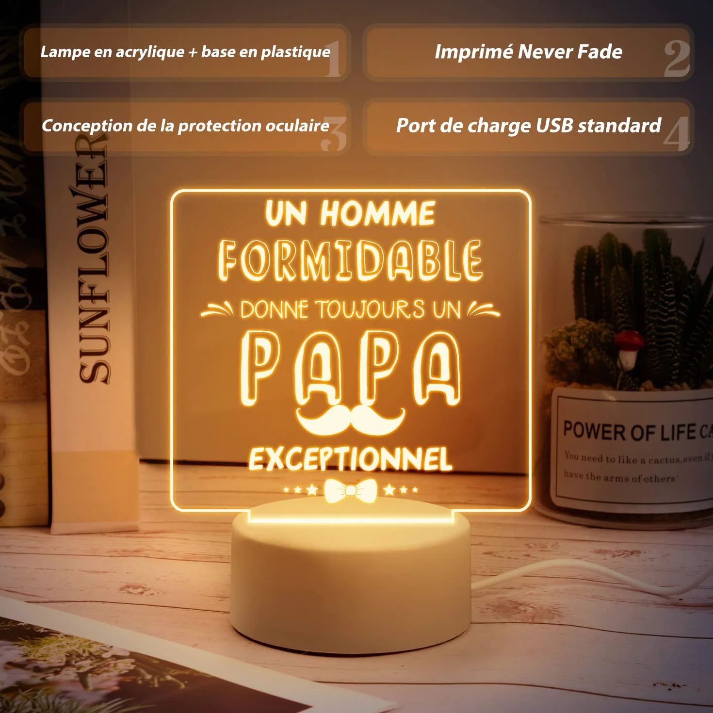 Cadeau Fête des Pères Veilleuse en Acrylique Idée Cadeaux Anniversaire Noël Papa Grand-père