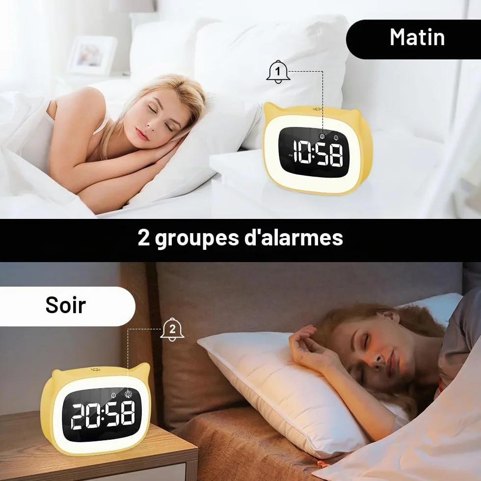 Réveil Enfant Éducatif avec Veilleuse Chat, Lampe Chevet Snooze, 5 Couleurs, 18 Musiques (Jaune)