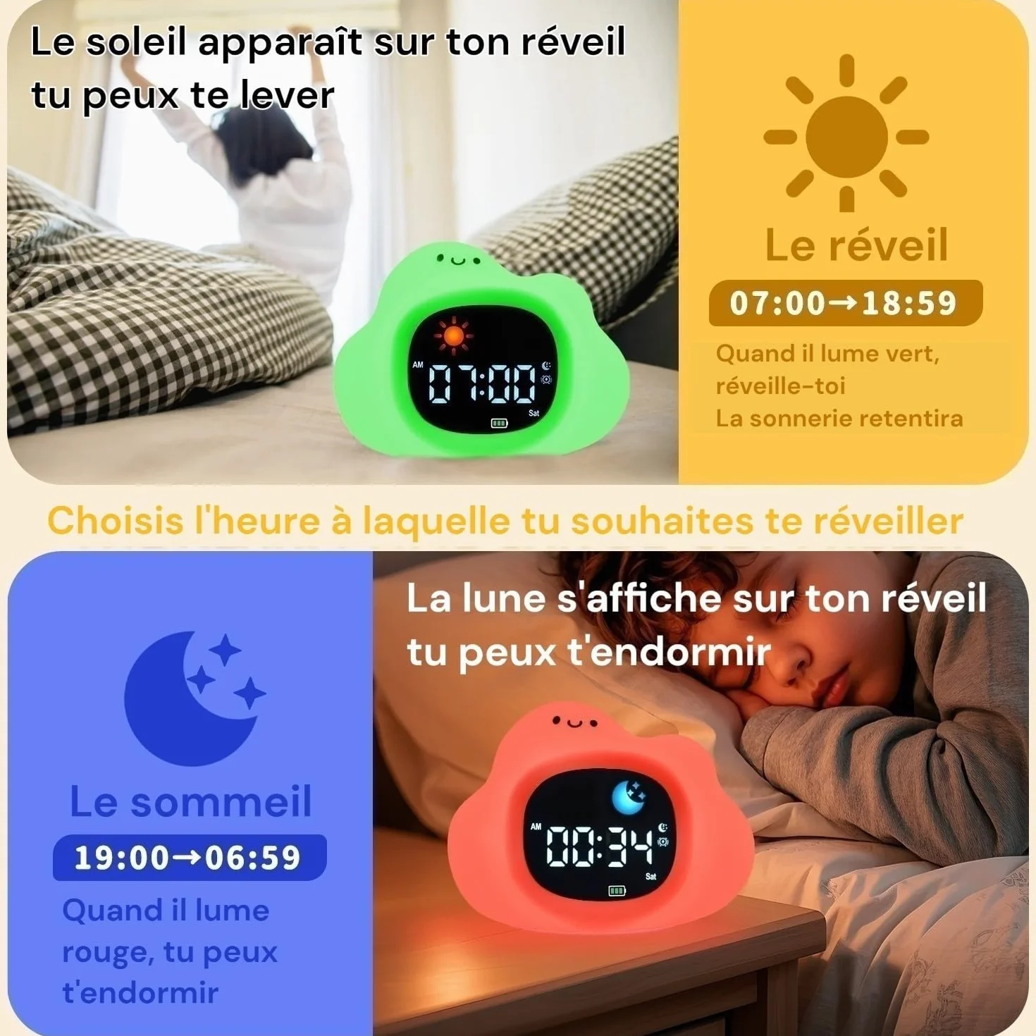 Réveil Enfant éducatif Jour/Nuit Nuage Veilleuse 2 alarmes Sons apaisants Luminosité réglable