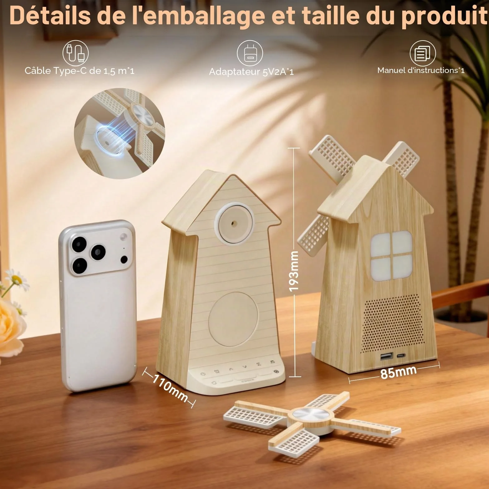 RETEYUNG Réveil avec veilleuse enfant à moulin à vent rotatif, simulateur d'aube, Alarme LED avec snooze