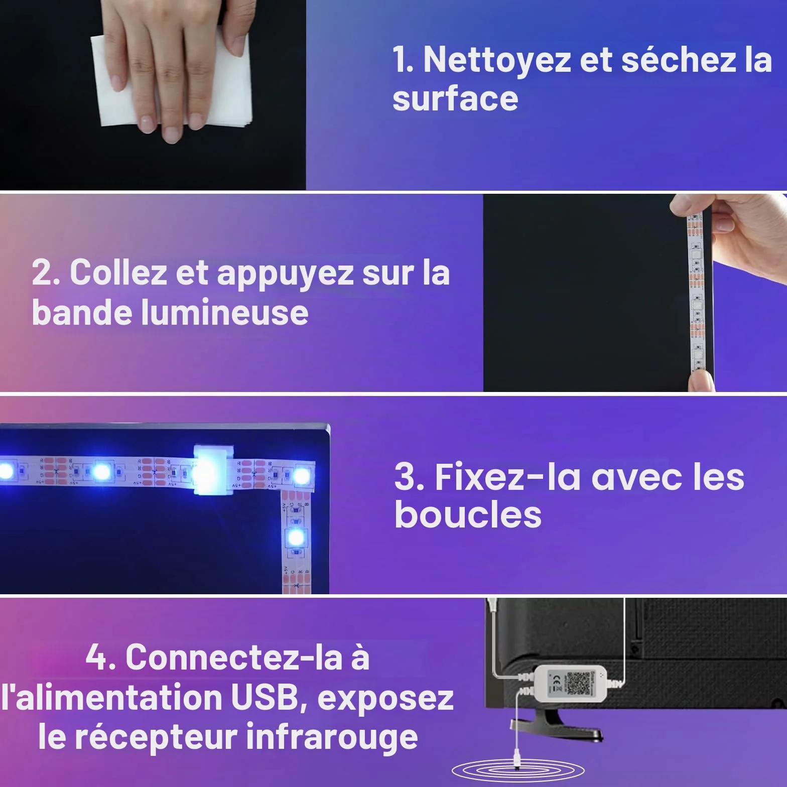 Ruban LED TV 3 m, Bande Lumineuse LED Rétroéclairage TV 40-65 in, 5050 RGB USB avec Télécommande