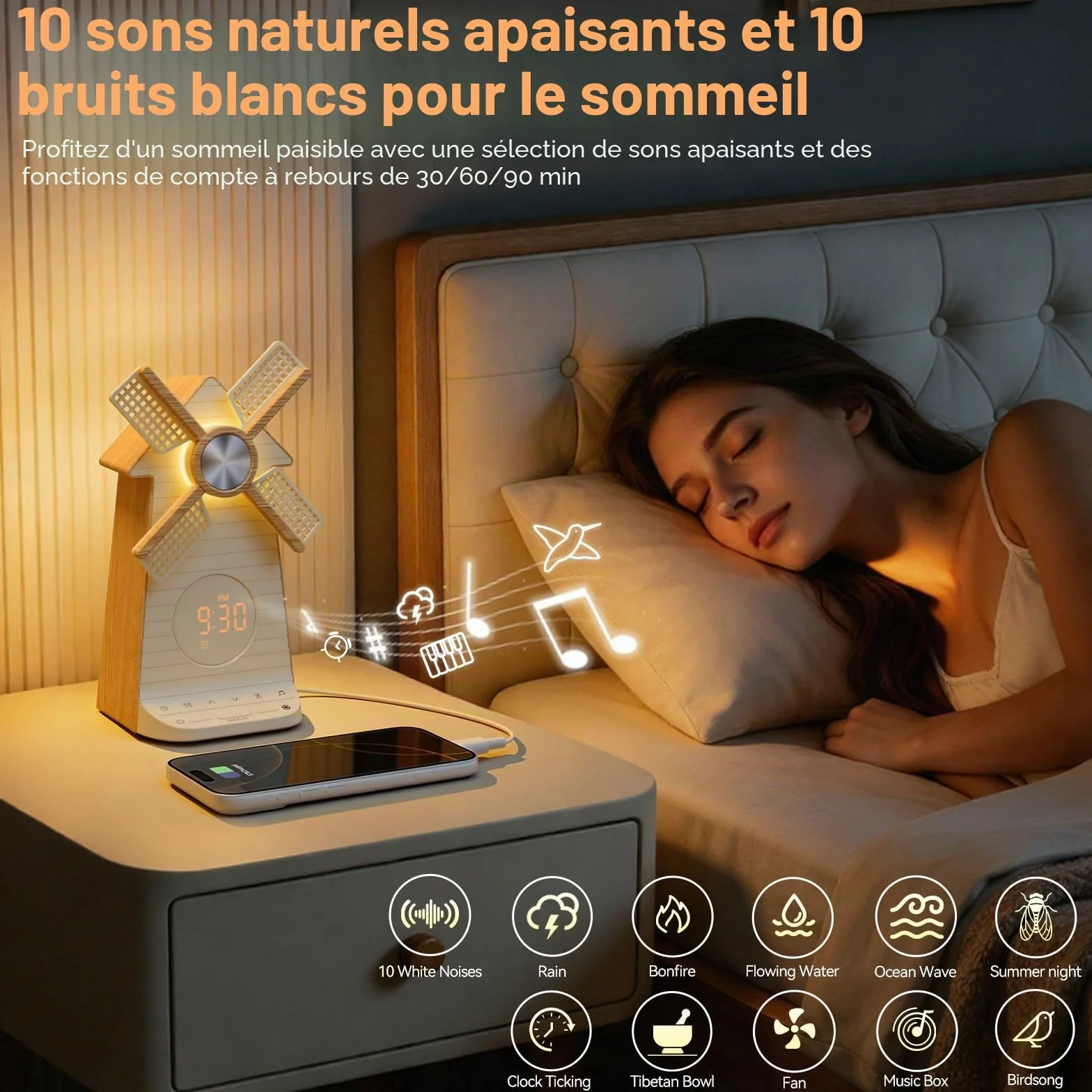 RETEYUNG Réveil avec veilleuse enfant à moulin à vent rotatif, simulateur d'aube, Alarme LED avec snooze