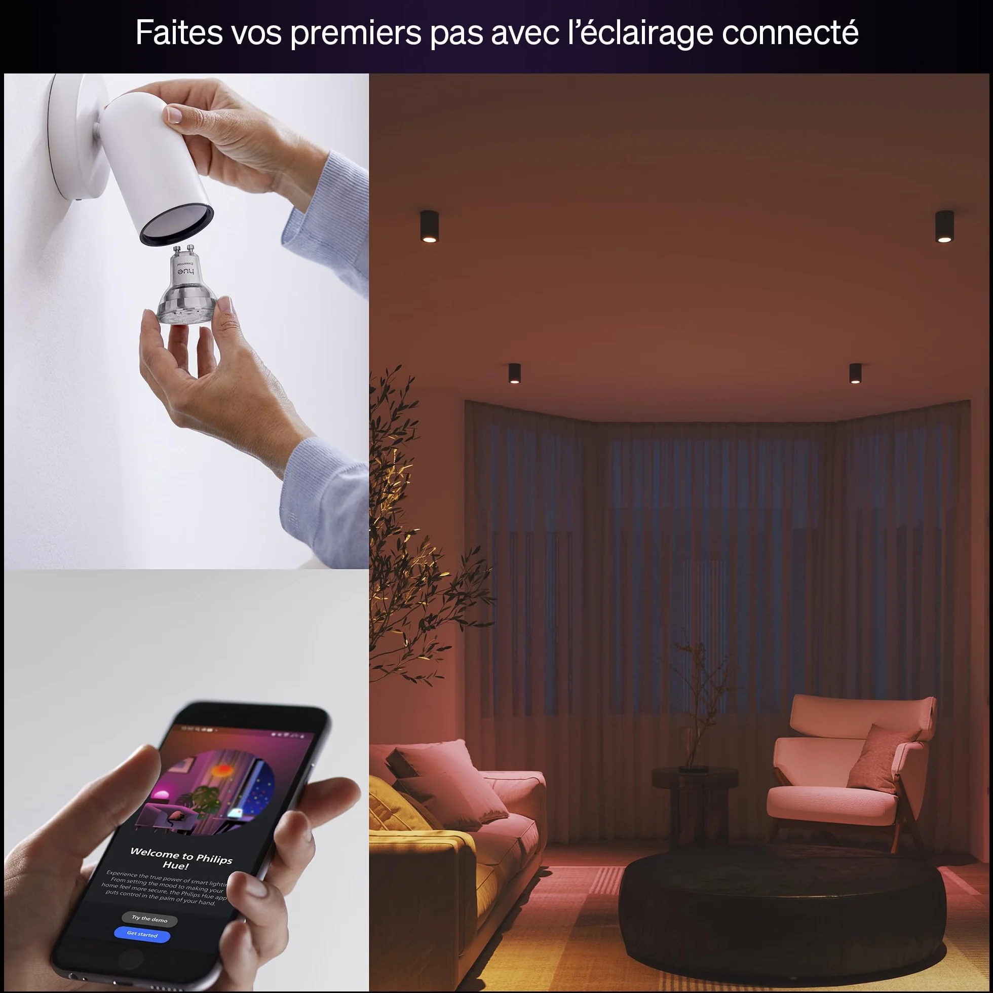 Philips Hue Essential Spot LED Connecté GU10 White and Color Ambiance 4,7W 2200-6500K 345lm Lot de 4