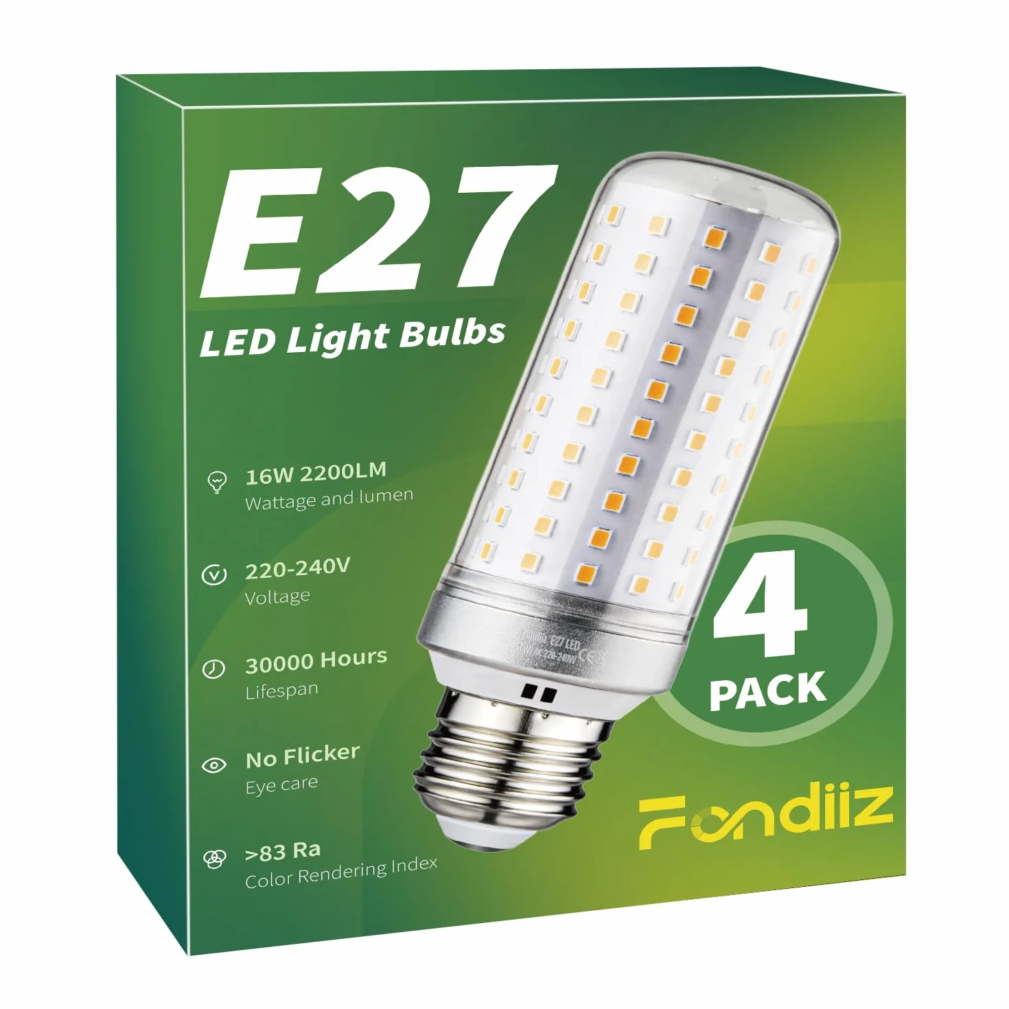 Fondiiz Ampoule LED E27 Blanc Chaud 3000K 16W 2200LM Équivalent 200W Halogène 220-240V Non-dimmable Lot de 4