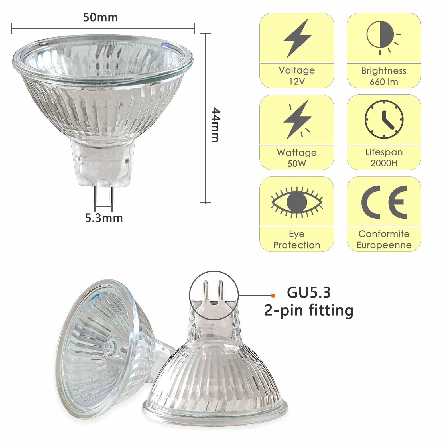 Pack de 8 Ampoules Halogènes GU5.3 12V 50W MR16 Dimmable 660LM 2700K