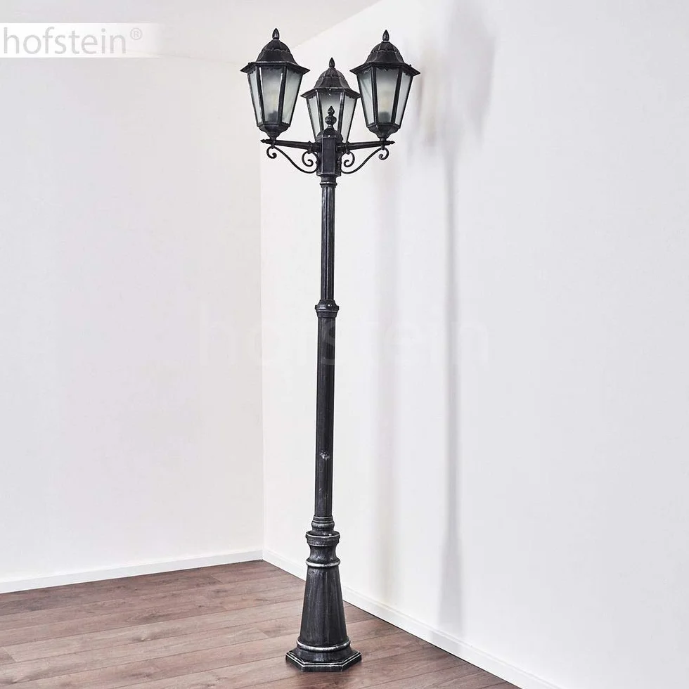 Réverbère Lignac lampadaire vintage aluminium moulé noir argenté verre dépoli 245 cm 3 lanternes E27 IP44