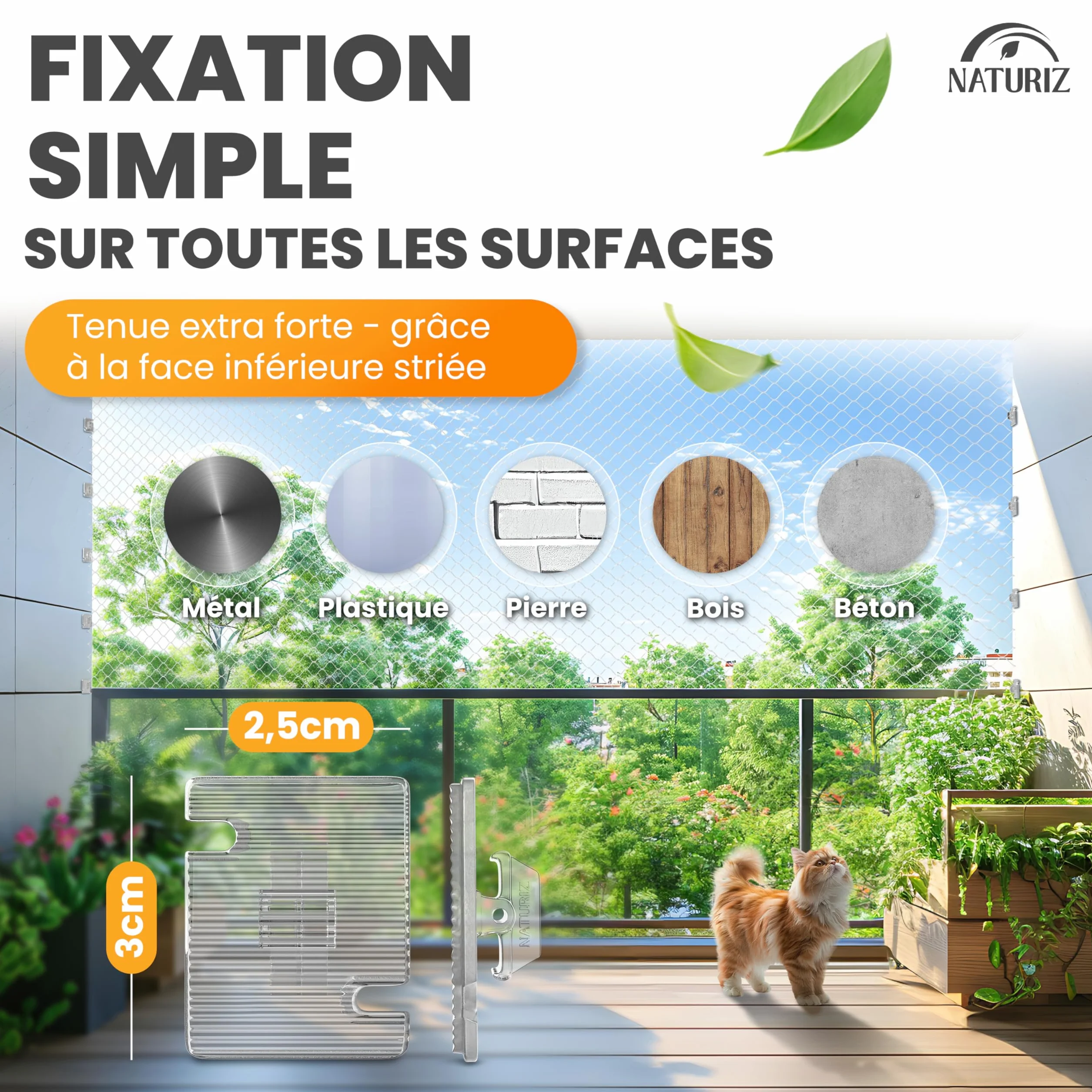 Naturiz Filet de protection pour chat pour balcon sans perçage avec crochets adhésifs et silicone - Filet transparent