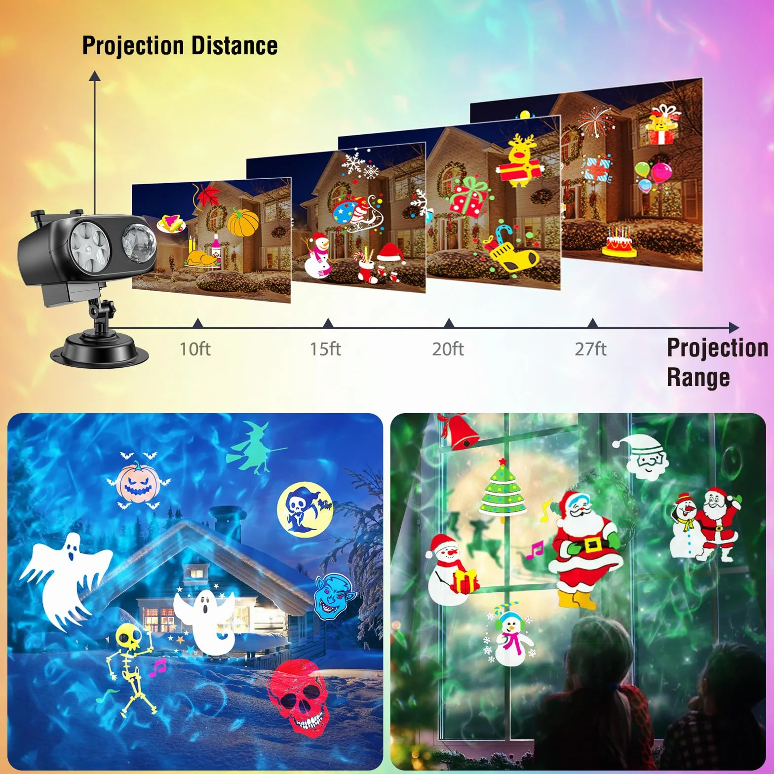 Projecteur de Noël Extérieur LED 8 Motifs 10 Diapositives 10 Couleurs avec Télécommande