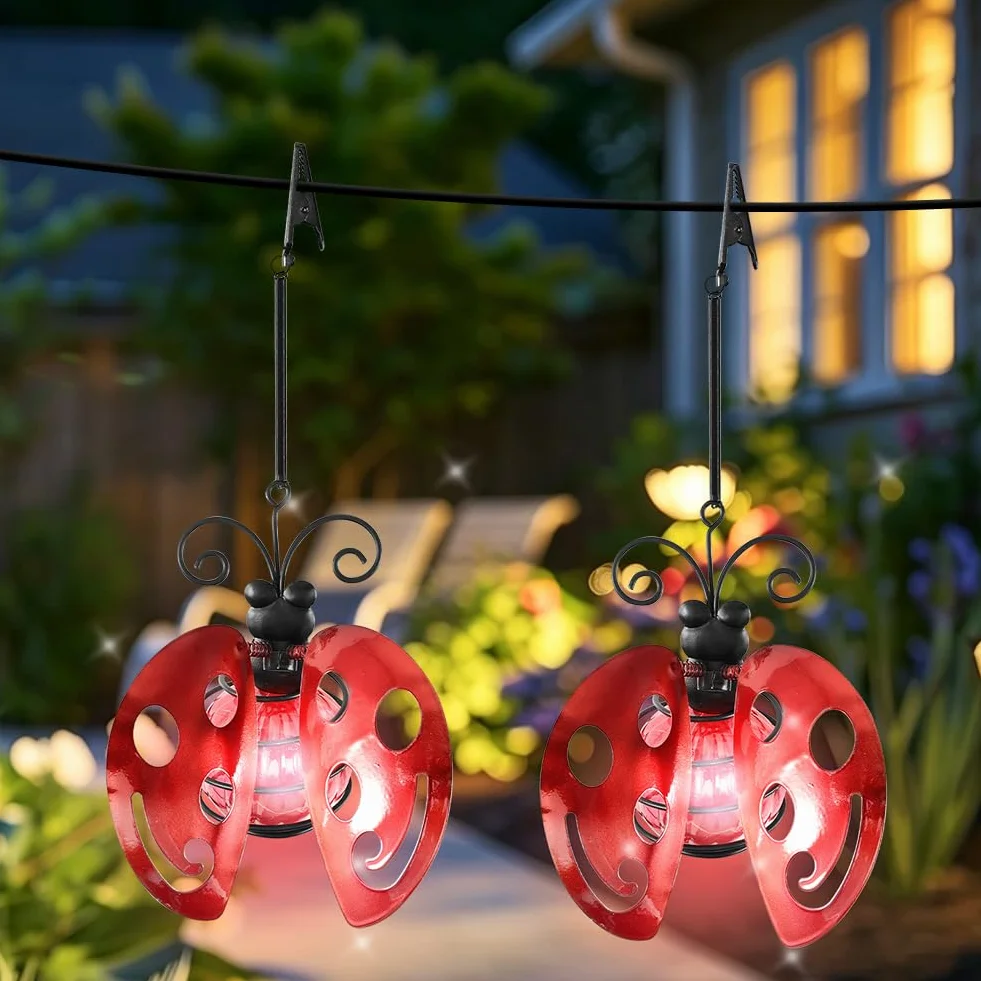 Lampes solaires d'extérieur à suspendre Lot de 2 coccinelles rouges