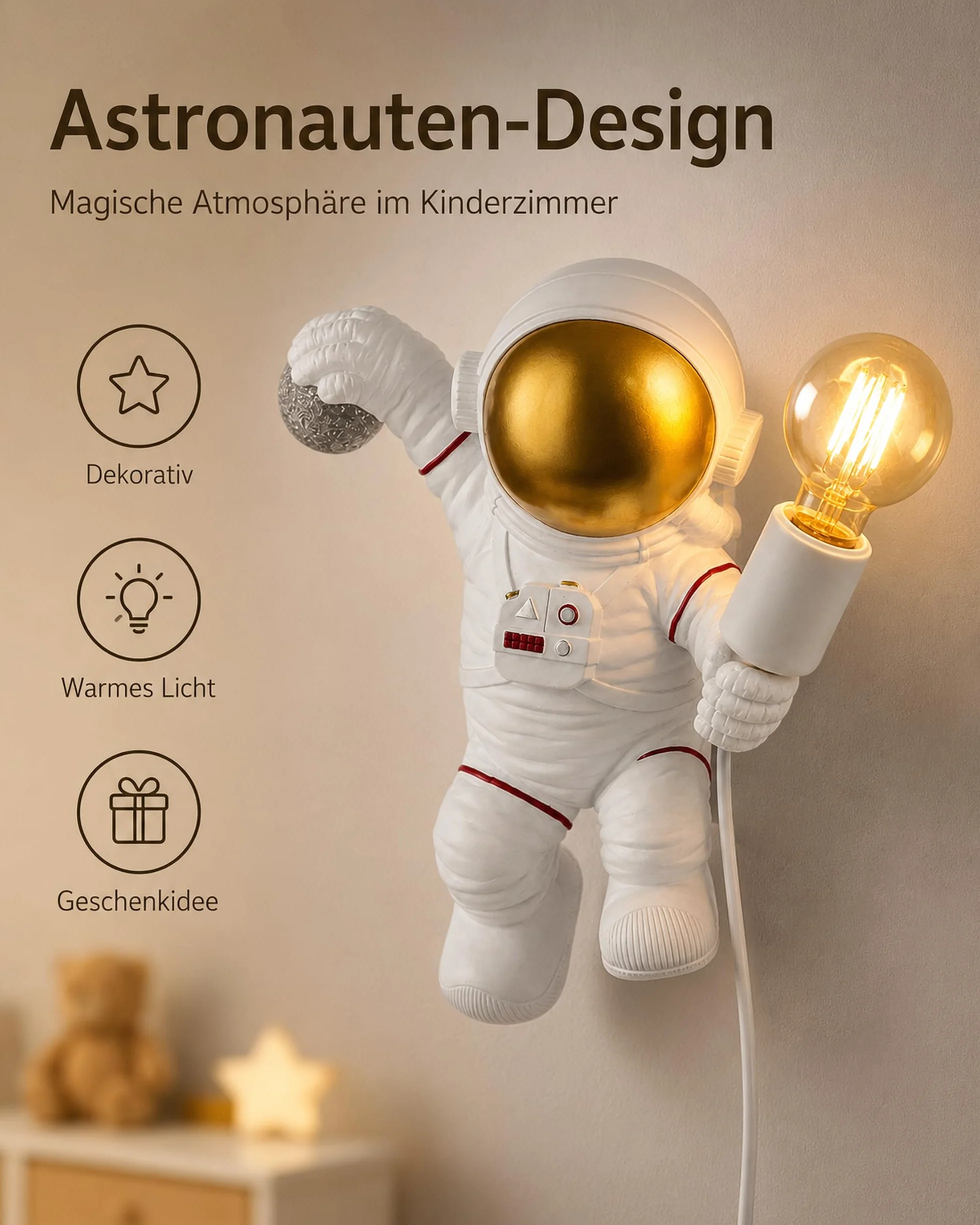 ACMHNC Applique Murale Enfant avec Interrupteur E27 Astronaute Lampe Murale Prise Câble 1,5 M Blanc