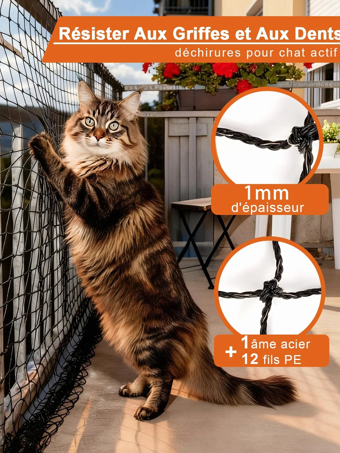 Filet Chat Balcon Renforcé Protection Fenêtre Barrière Chat 1x3m