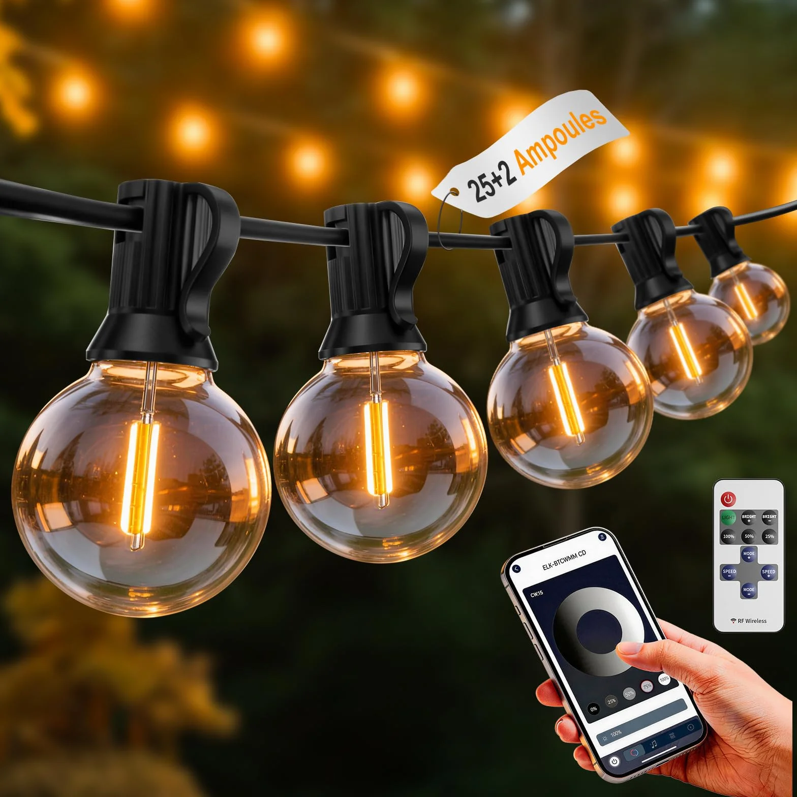 Guirlande Lumineuse Exterieur 23,5M 25+2 Ampoules APP Contrôle Télécommande Dimmable Étanche