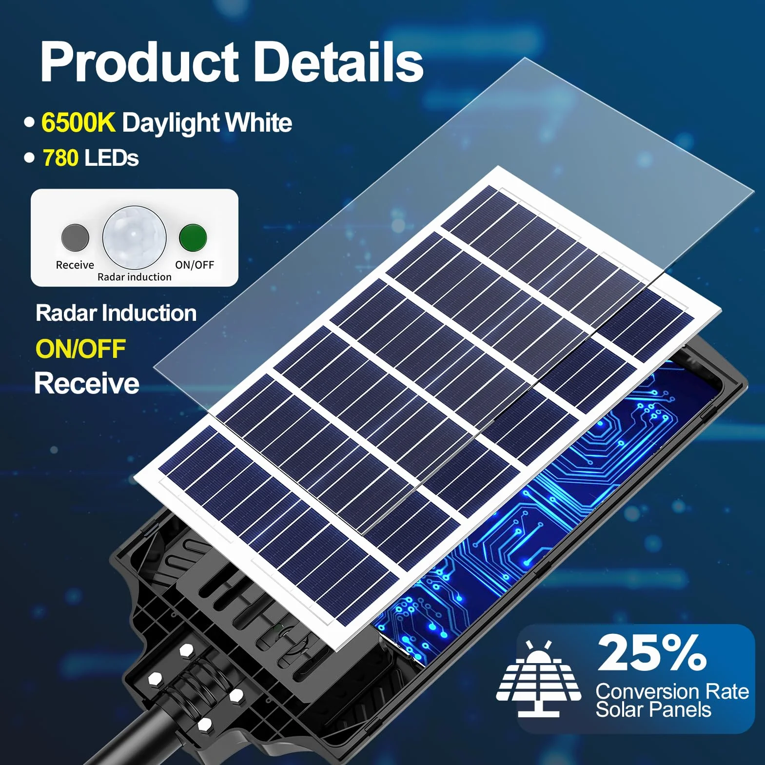 LED Réverbères Solaire Exterieur 1200W 6500K IP67 avec Télécommande Détecteur de Mouvement Étanche