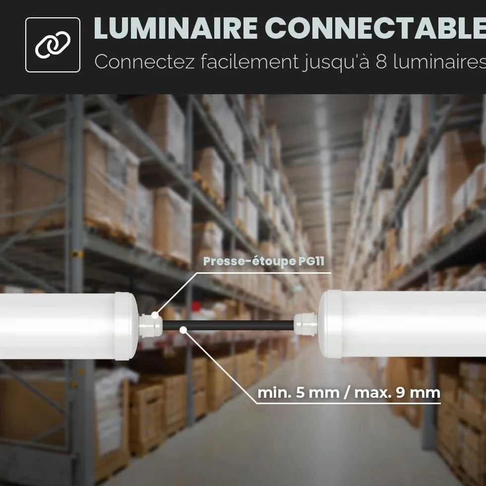 HOFTRONIC Lot de 4 Réglette LED 150 cm IP65 Extérieur Étanche 48W 5760 Lumens 4000K Neutre Blanc Connectable