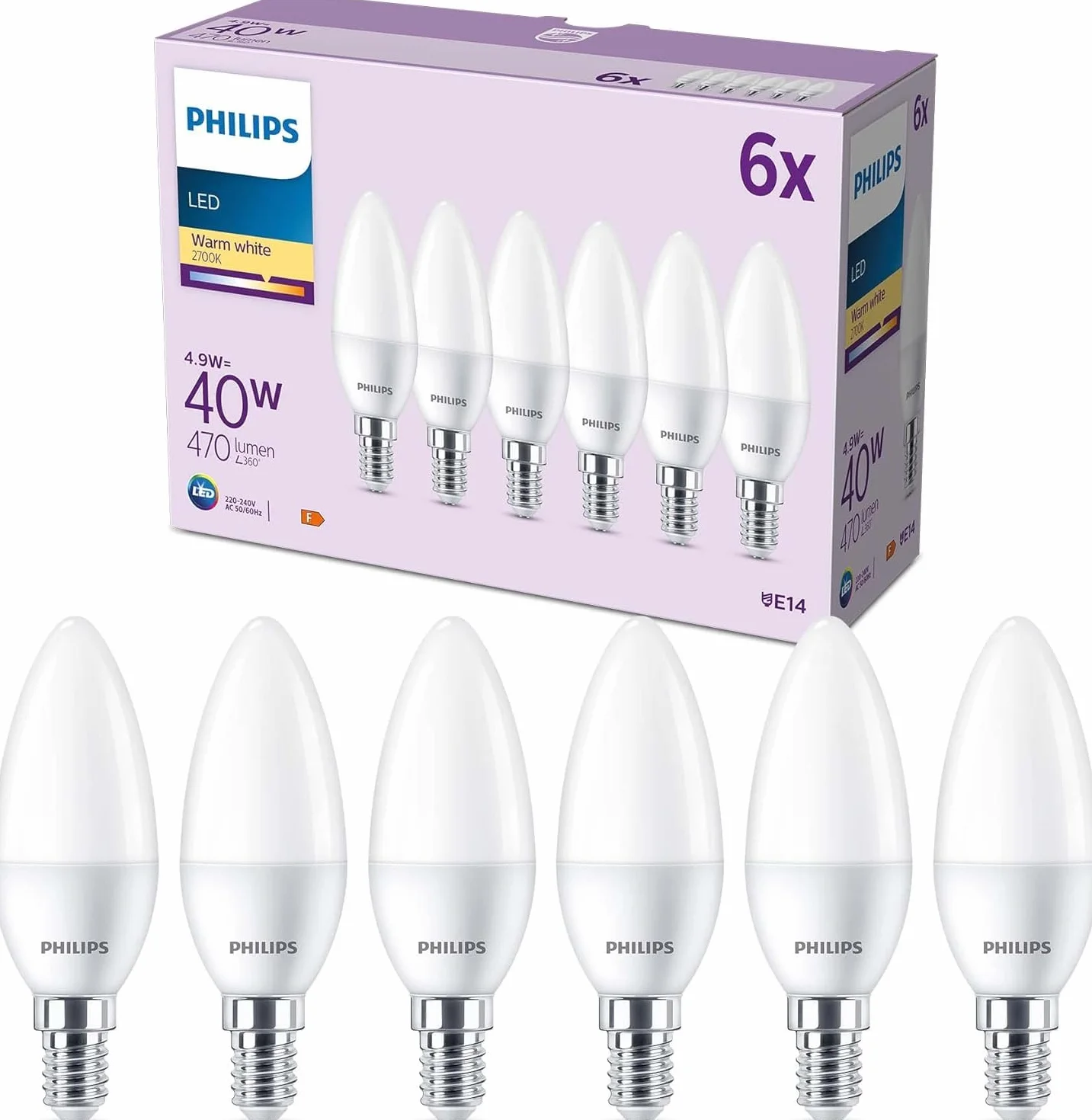 Philips pack de 6 ampoules LED E14 flamme 40W blanc chaud